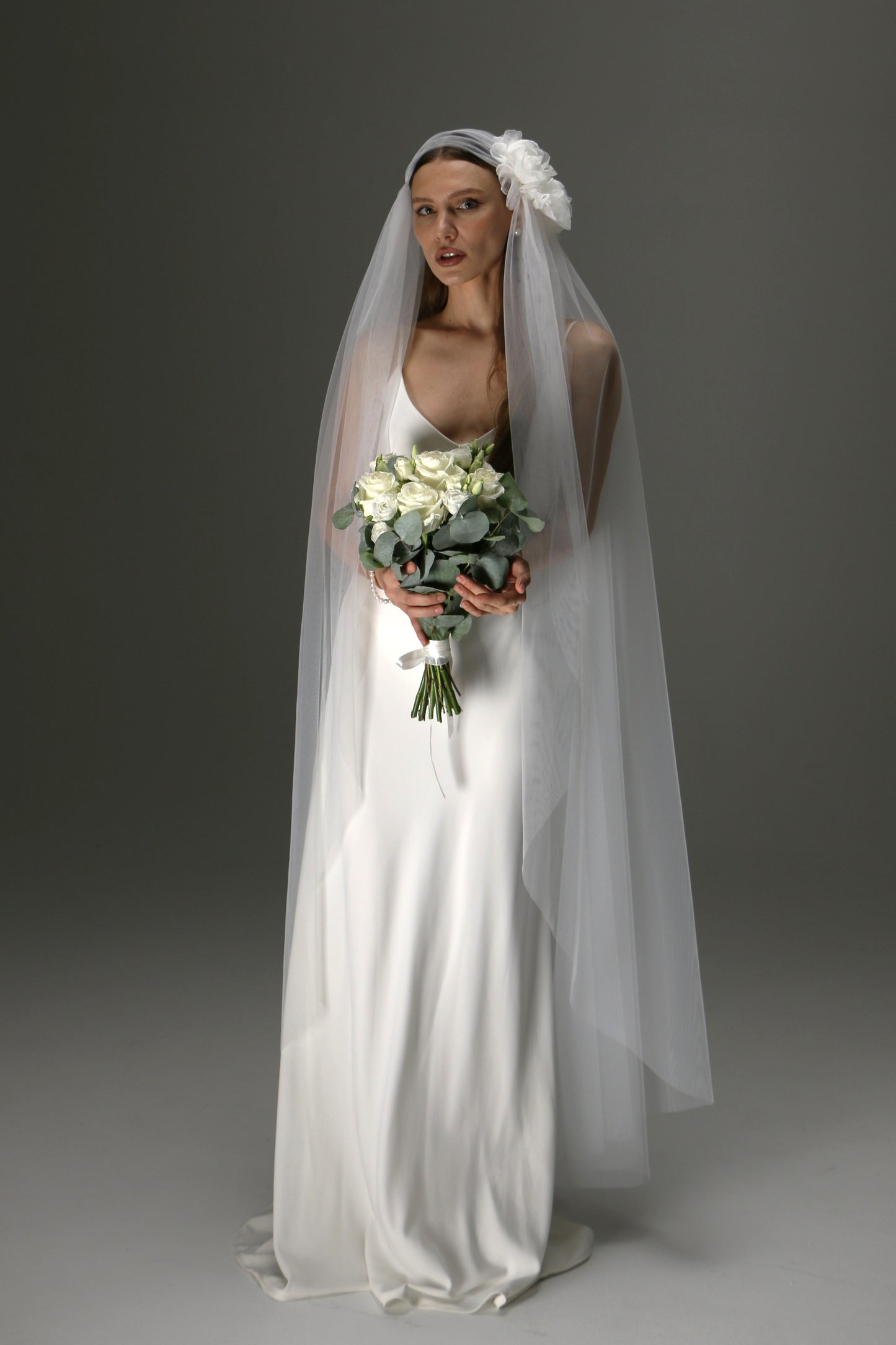 Juliet Cap Veil with Side Flower – One Tier Cascade Soft Tulle Long Bridal Veil - M1009