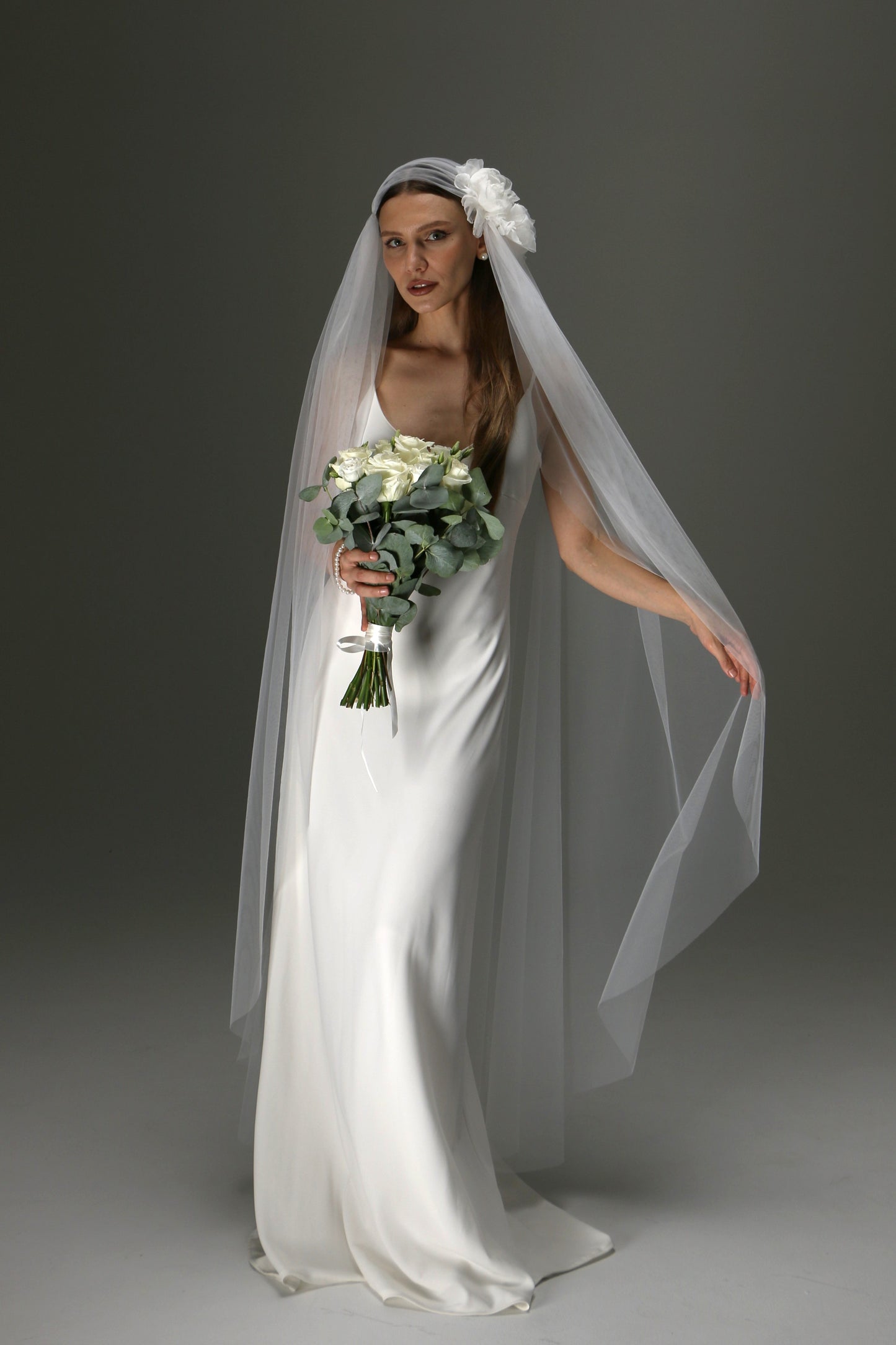 Juliet Cap Veil with Side Flower – One Tier Cascade Soft Tulle Long Bridal Veil - M1009