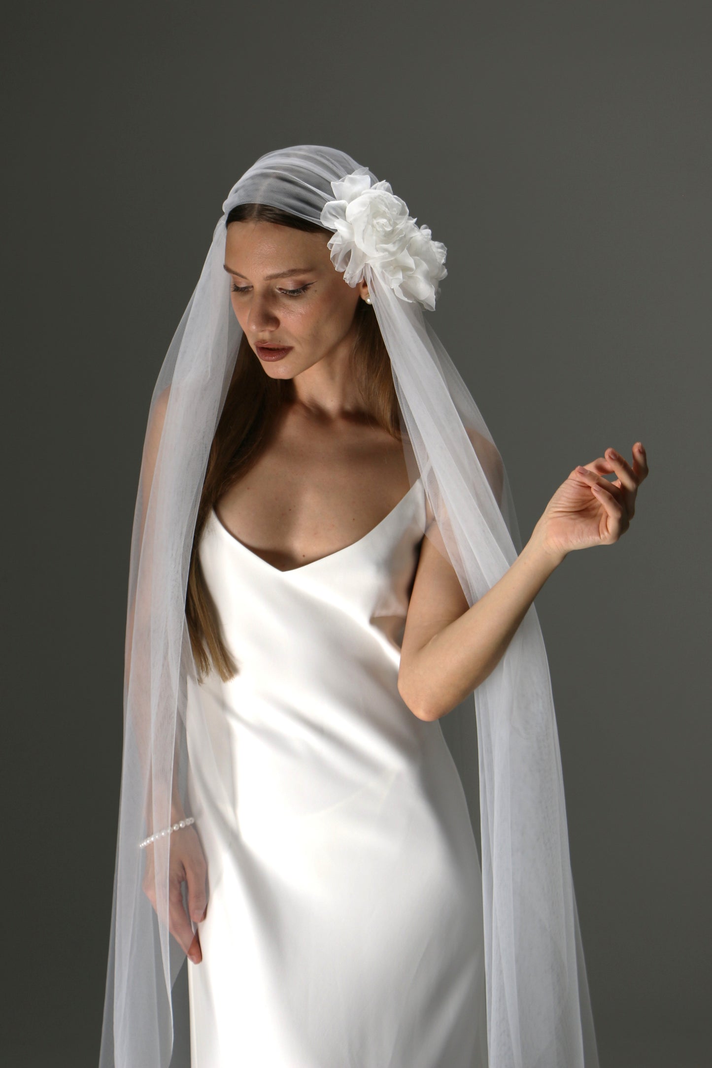 Juliet Cap Veil with Side Flower – One Tier Cascade Soft Tulle Long Bridal Veil - M1009