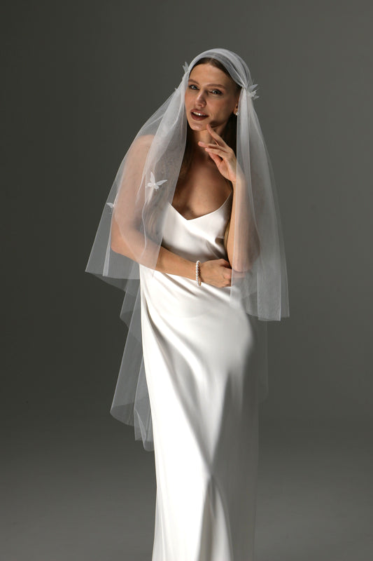 Juliet Cap Veil with 3D Butterflies – One Tier Soft Tulle Boho Bridal Veil - M1010