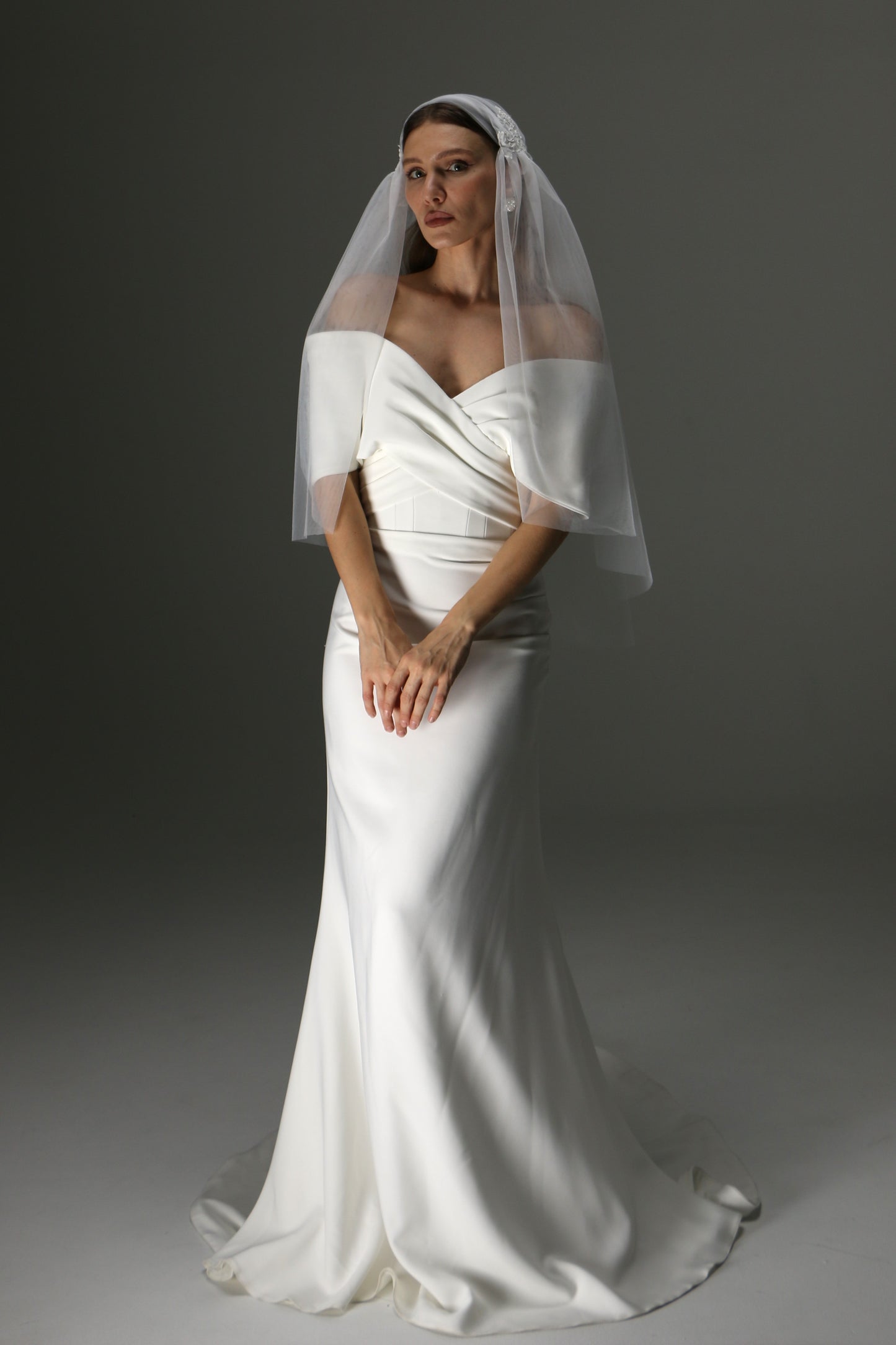 Juliet Cap Veil with Lace Appliqués – One Tier Cascade Soft Tulle Bridal Veil - M1006
