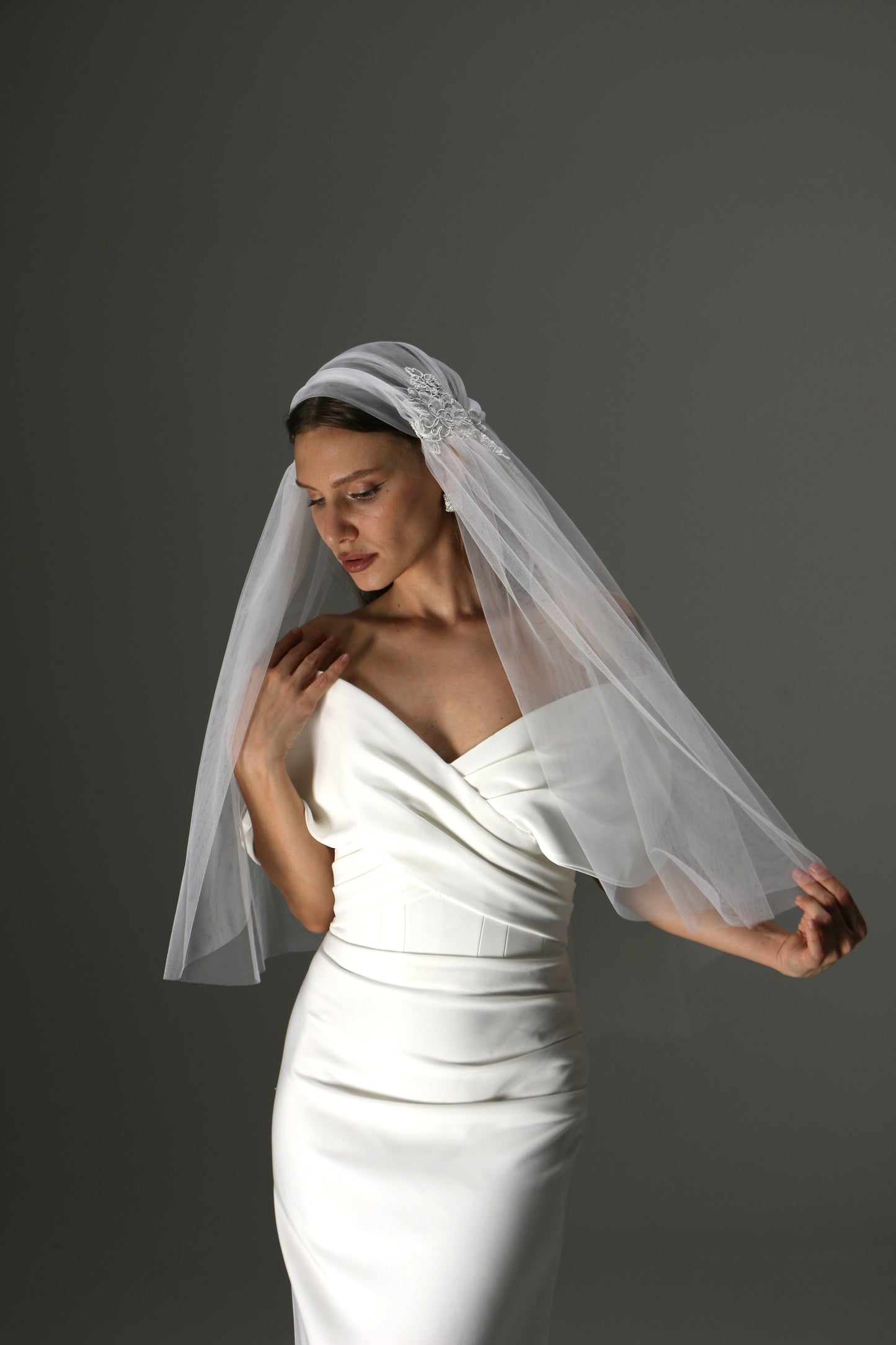 Juliet Cap Veil with Lace Appliqués – One Tier Cascade Soft Tulle Bridal Veil - M1006