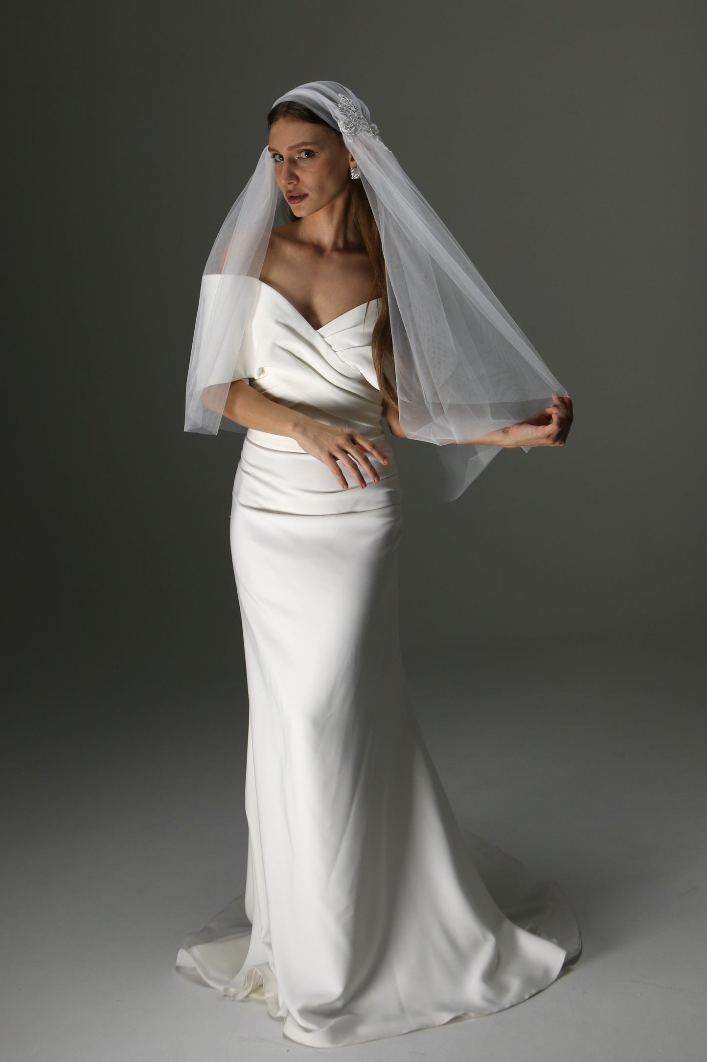 Juliet Cap Veil with Lace Appliqués – One Tier Cascade Soft Tulle Bridal Veil - M1006