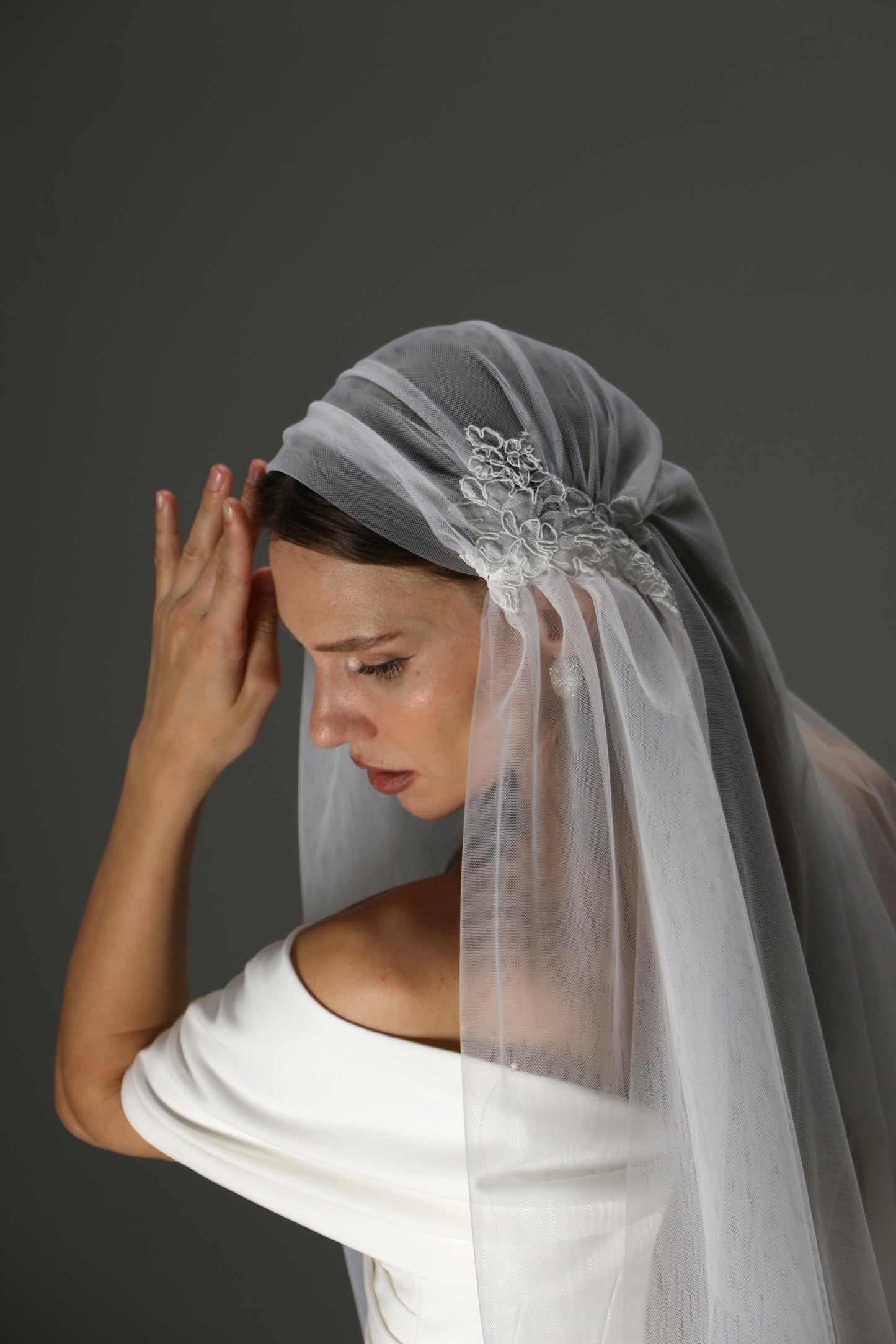 Juliet Cap Veil with Lace Appliqués – One Tier Cascade Soft Tulle Bridal Veil - M1006