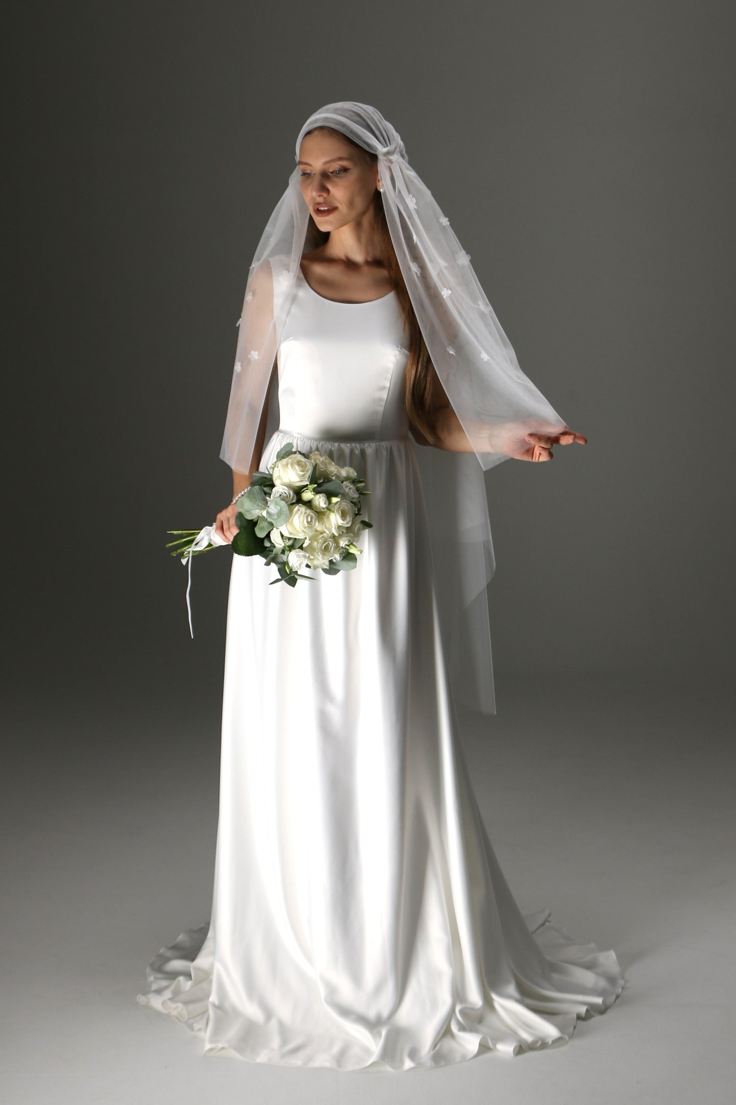 Juliet Cap Wedding Veil – Two Tier Cascade Style with Floral Appliqué in Soft Tulle - M1002