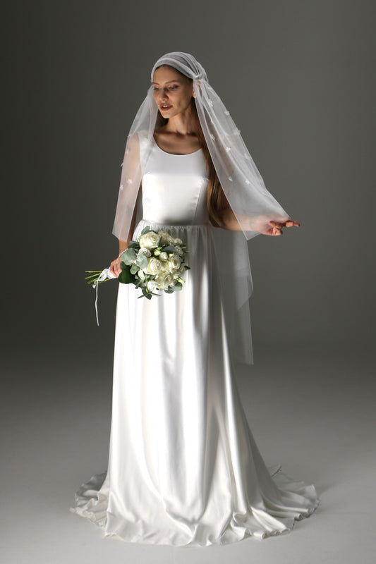 Juliet Cap Wedding Veil – Two Tier Cascade Style with Floral Appliqué in Soft Tulle - M1002