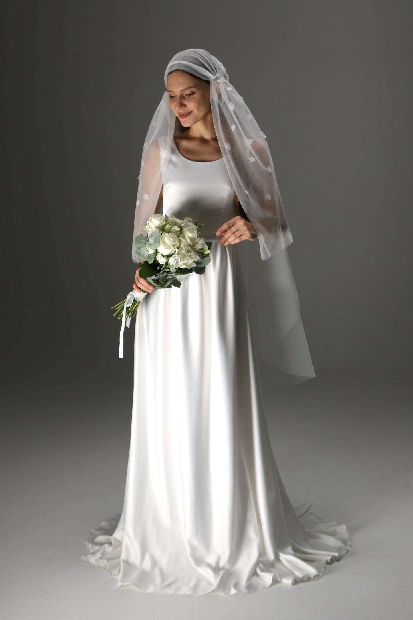 Juliet Cap Wedding Veil – Two Tier Cascade Style with Floral Appliqué in Soft Tulle - M1002