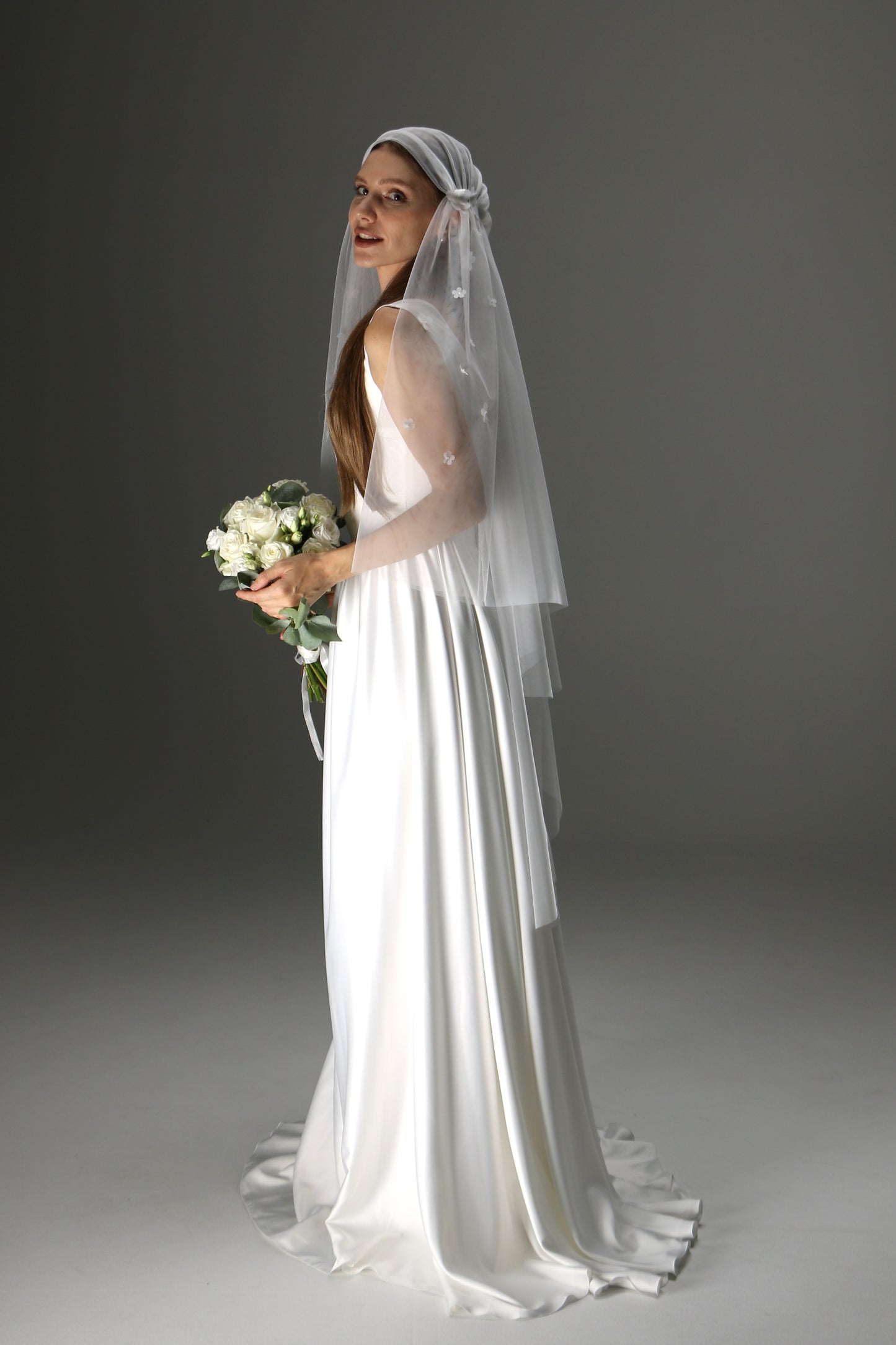Juliet Cap Wedding Veil – Two Tier Cascade Style with Floral Appliqué in Soft Tulle - M1002