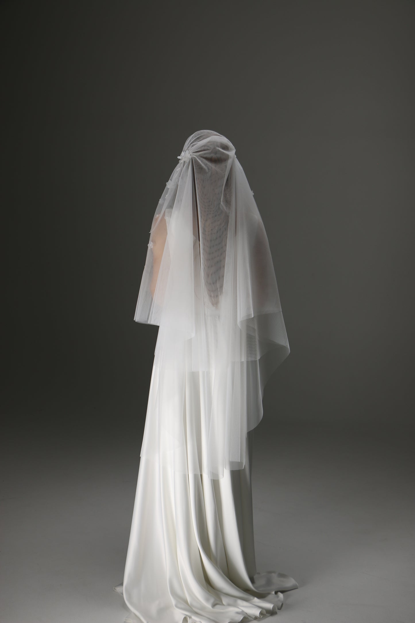 Juliet Cap Wedding Veil – Two Tier Cascade Style with Floral Appliqué in Soft Tulle - M1002