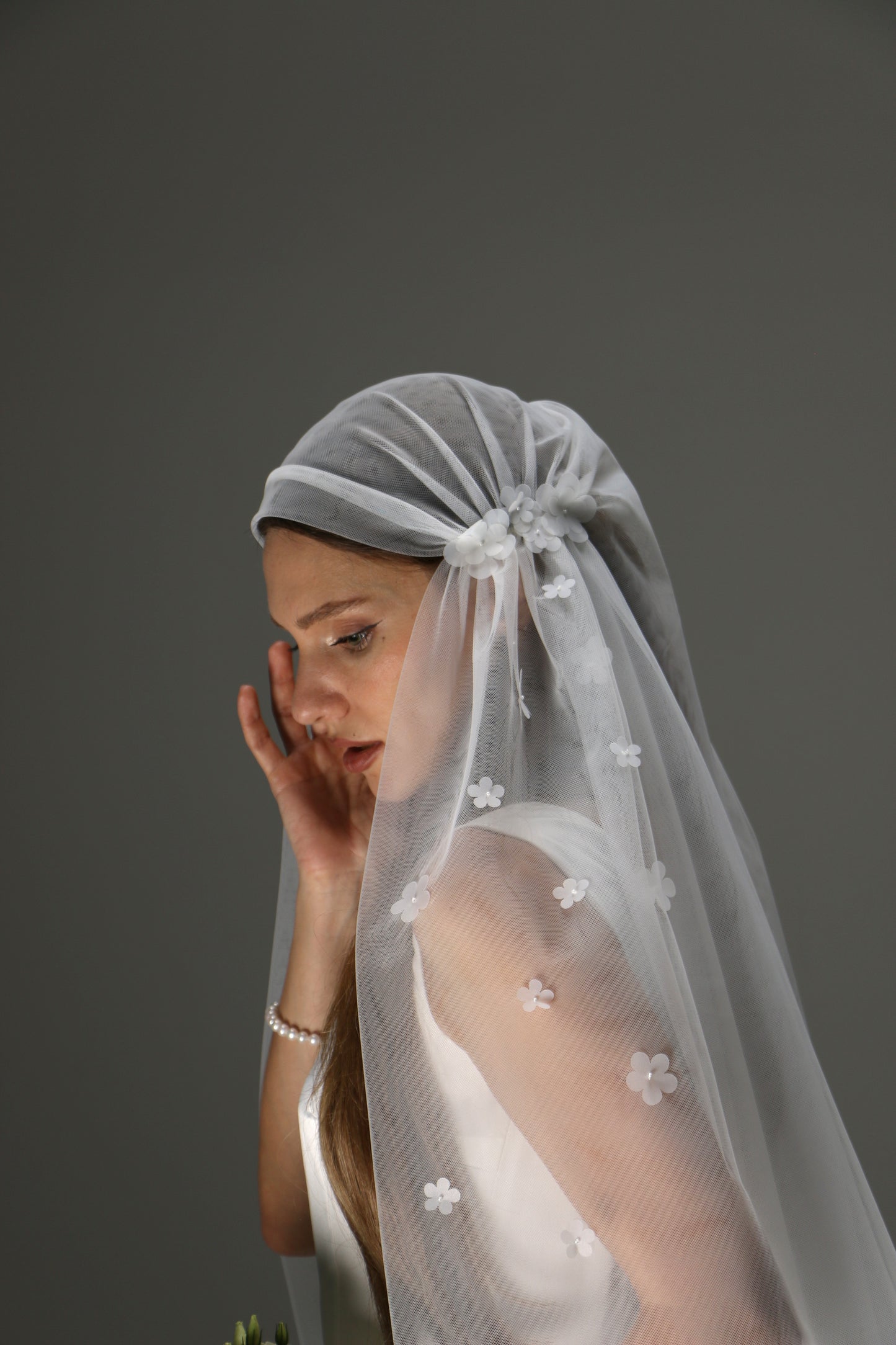 Juliet Cap Wedding Veil – Two Tier Cascade Style with Floral Appliqué in Soft Tulle - M1002