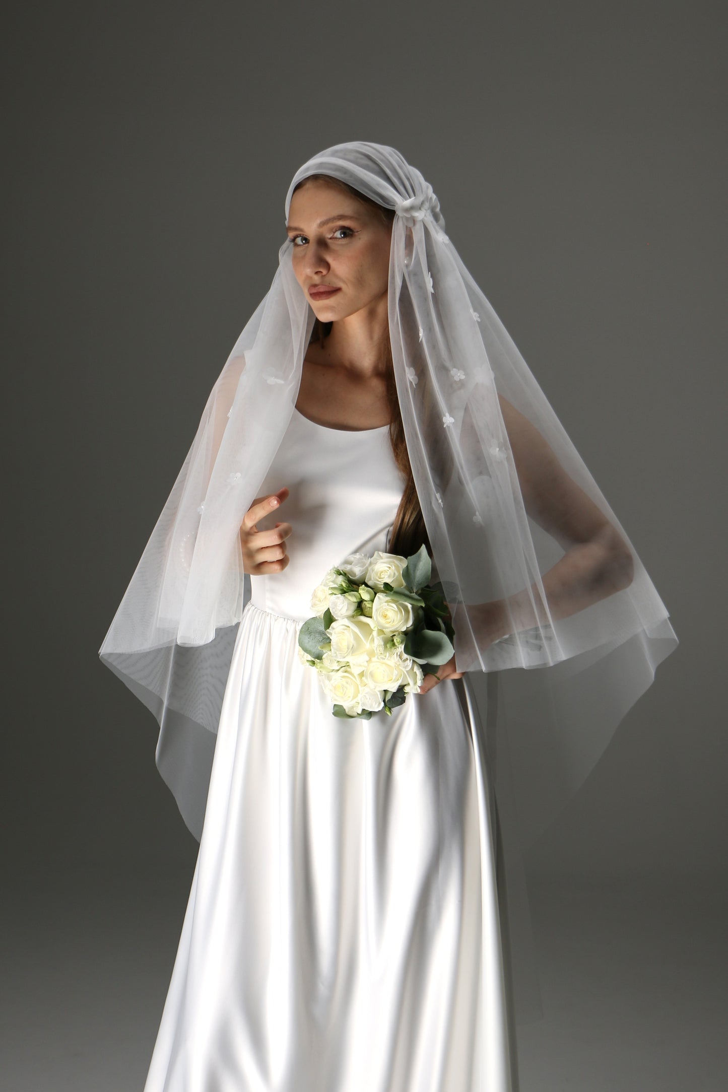 Juliet Cap Wedding Veil – Two Tier Cascade Style with Floral Appliqué in Soft Tulle - M1002