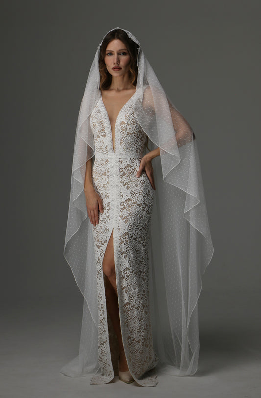 Juliet Cap Wedding Veil with Dotted Tulle and Lace Details – Boho One Tier Veil - M1070