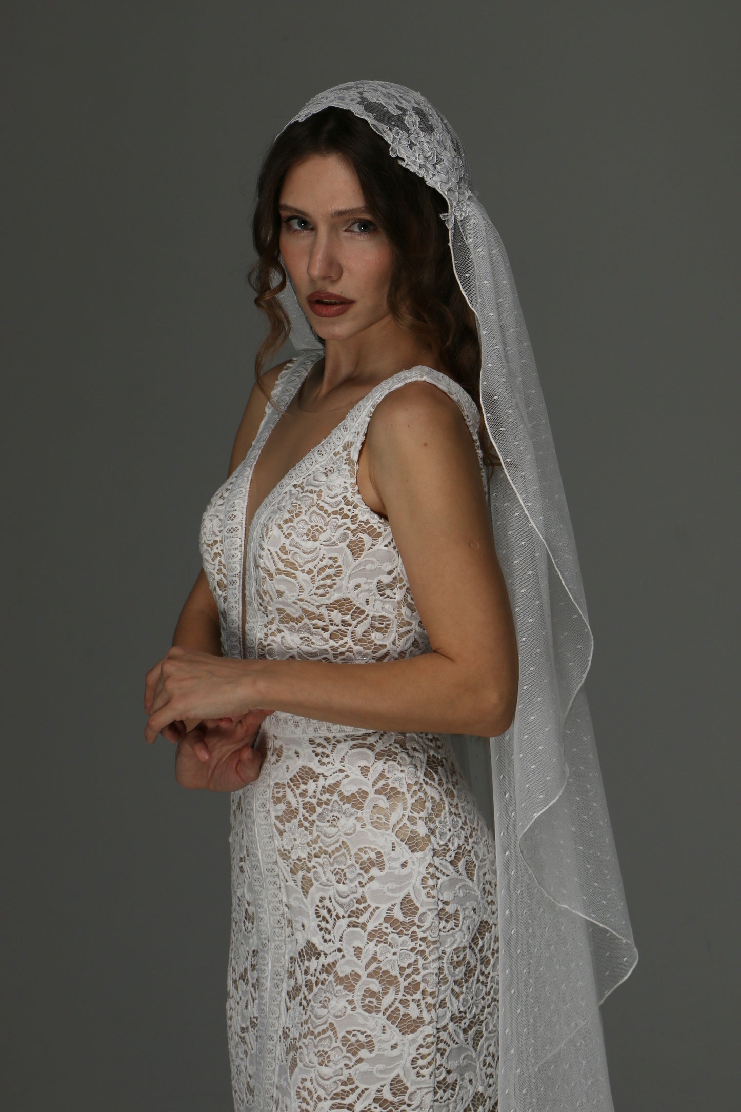 Juliet Cap Wedding Veil with Dotted Tulle and Lace Details – Boho One Tier Veil - M1070