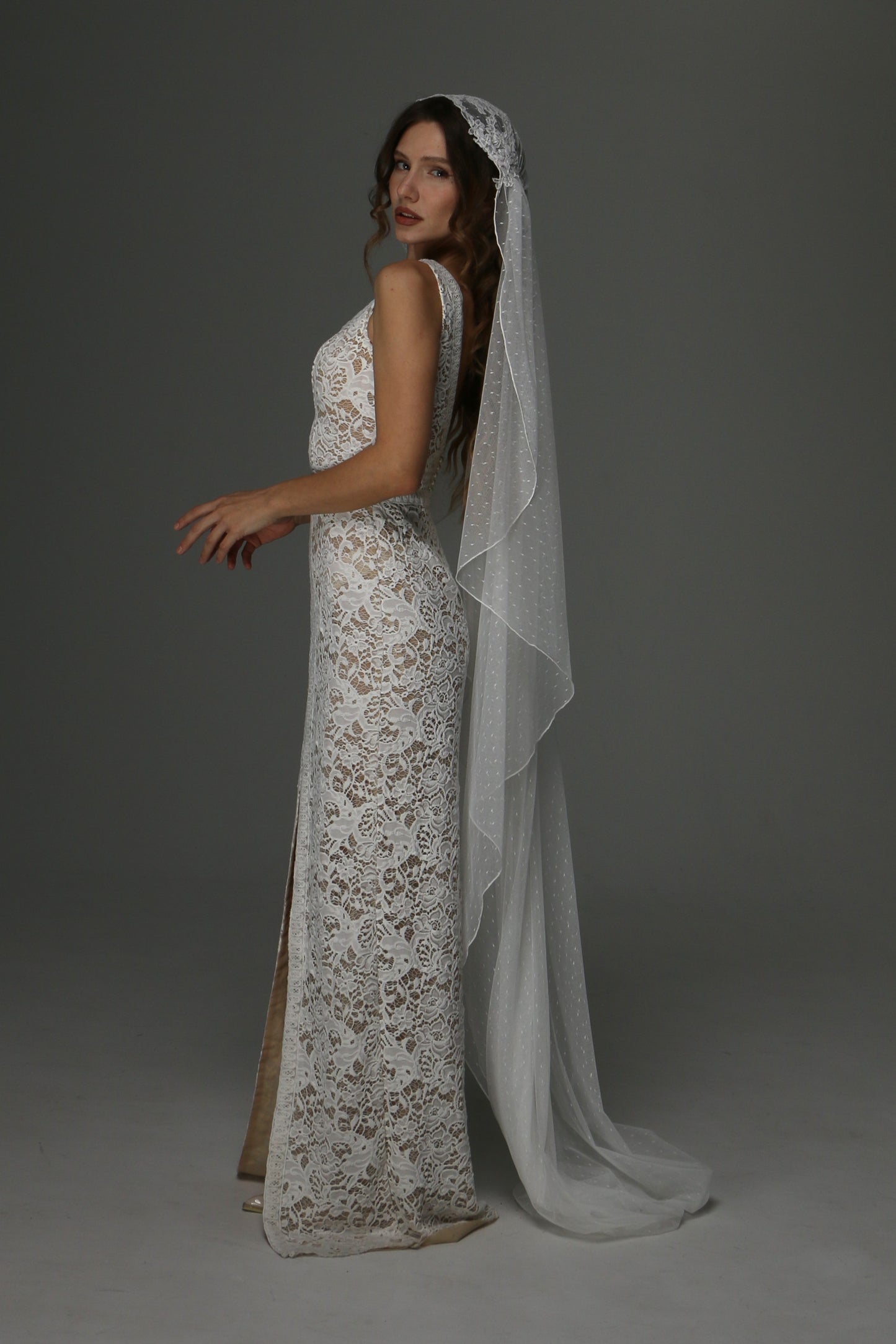Juliet Cap Wedding Veil with Dotted Tulle and Lace Details – Boho One Tier Veil - M1070