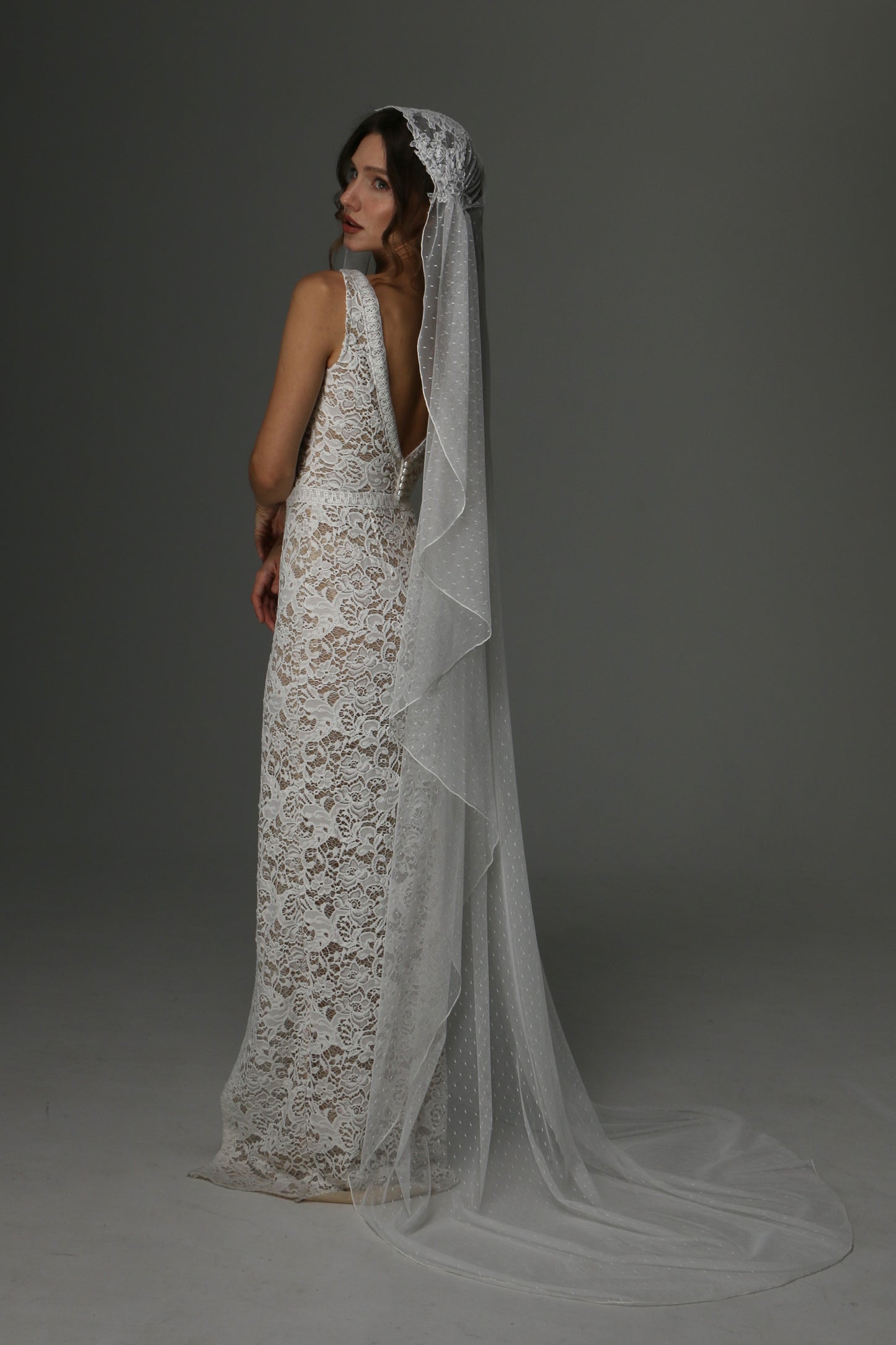 Juliet Cap Wedding Veil with Dotted Tulle and Lace Details – Boho One Tier Veil - M1070