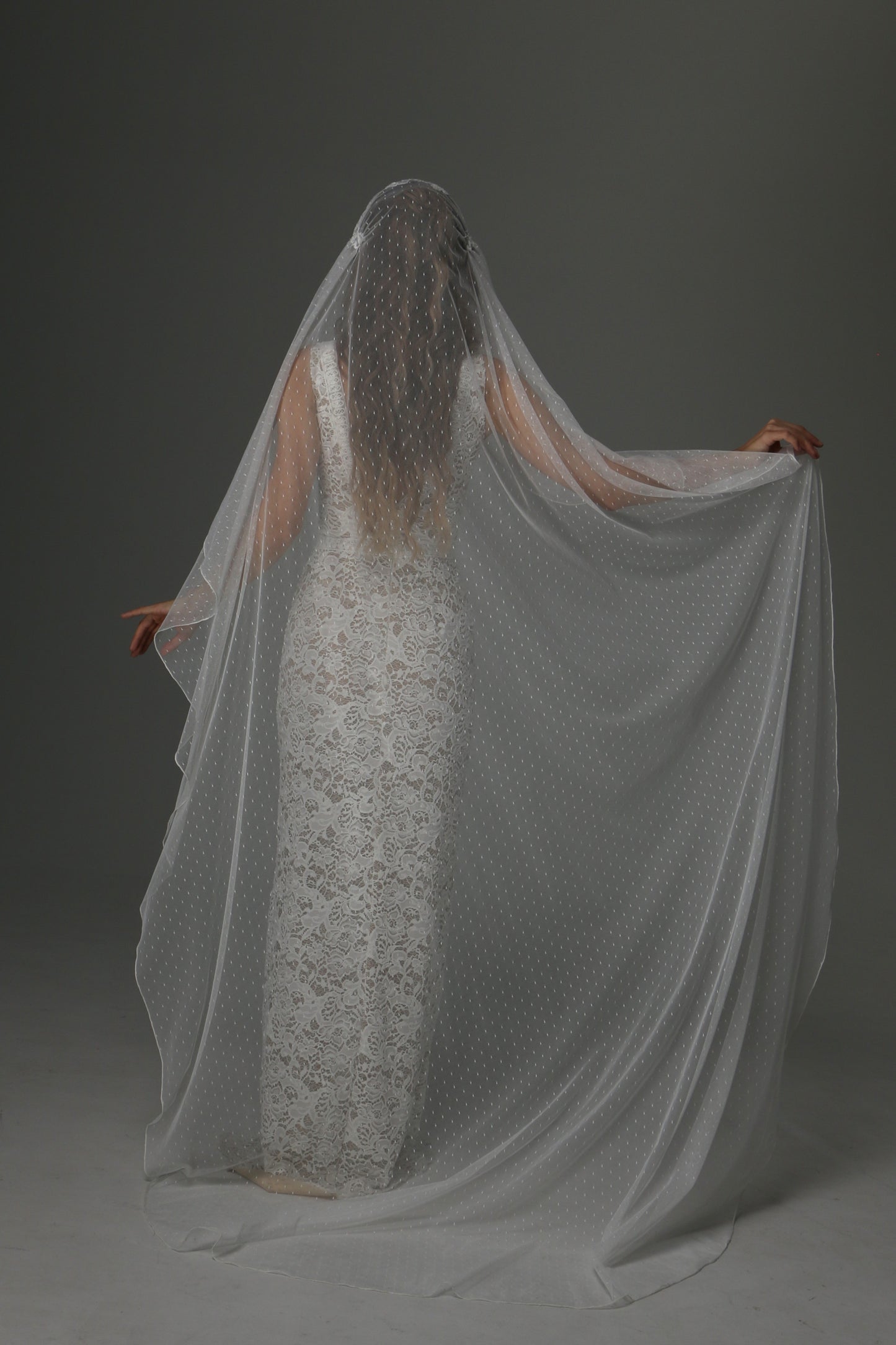 Juliet Cap Wedding Veil with Dotted Tulle and Lace Details – Boho One Tier Veil - M1070