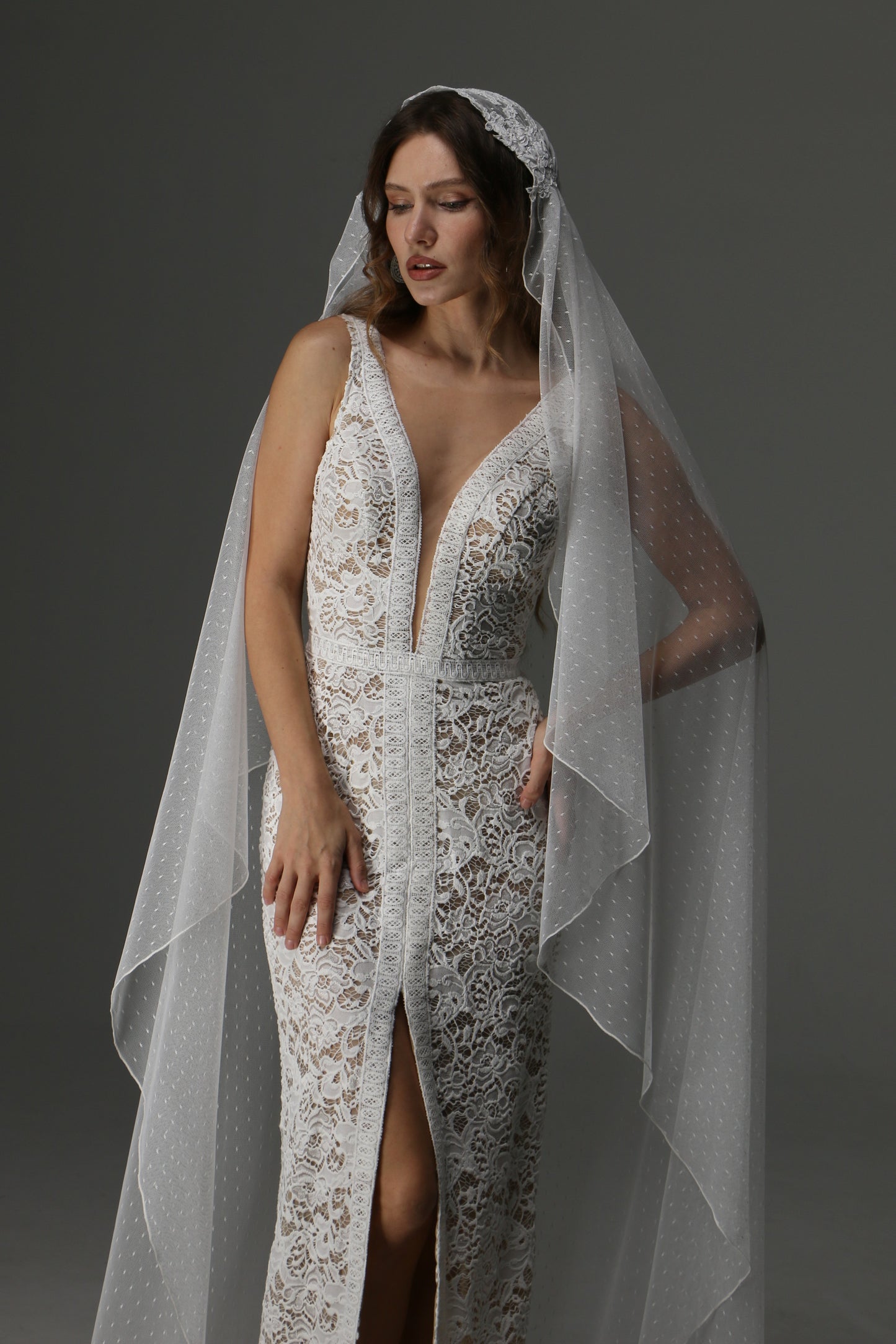 Juliet Cap Wedding Veil with Dotted Tulle and Lace Details – Boho One Tier Veil - M1070