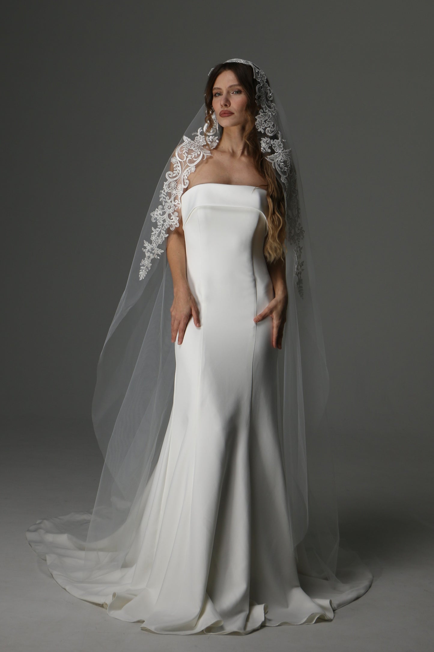 Modern Lace Appliqué Mantilla Veil – One Layer Boho Bridal Veil - M1083