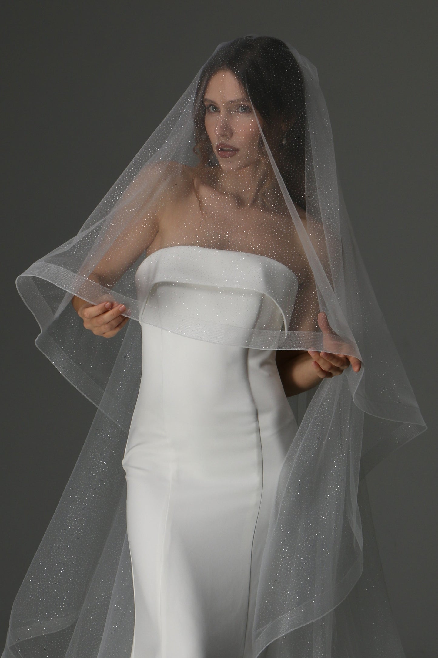 Glitter Two Tier Wedding Veil with Horsehair Edge – Sparkly Bridal Veil - M1075