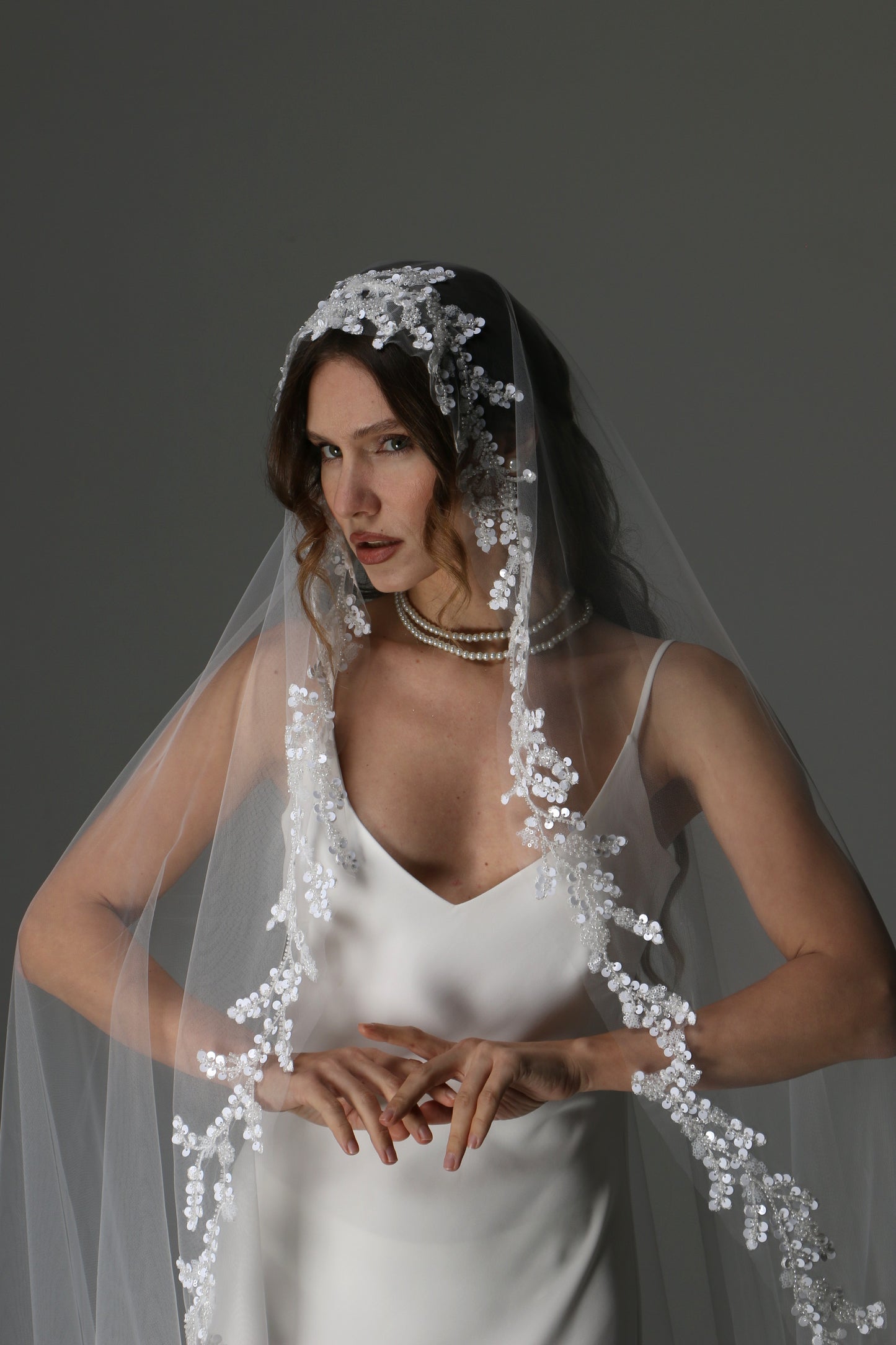 Lace Appliqué Cathedral Veil: One Tier Mantilla, Ivory Tulle - M1080