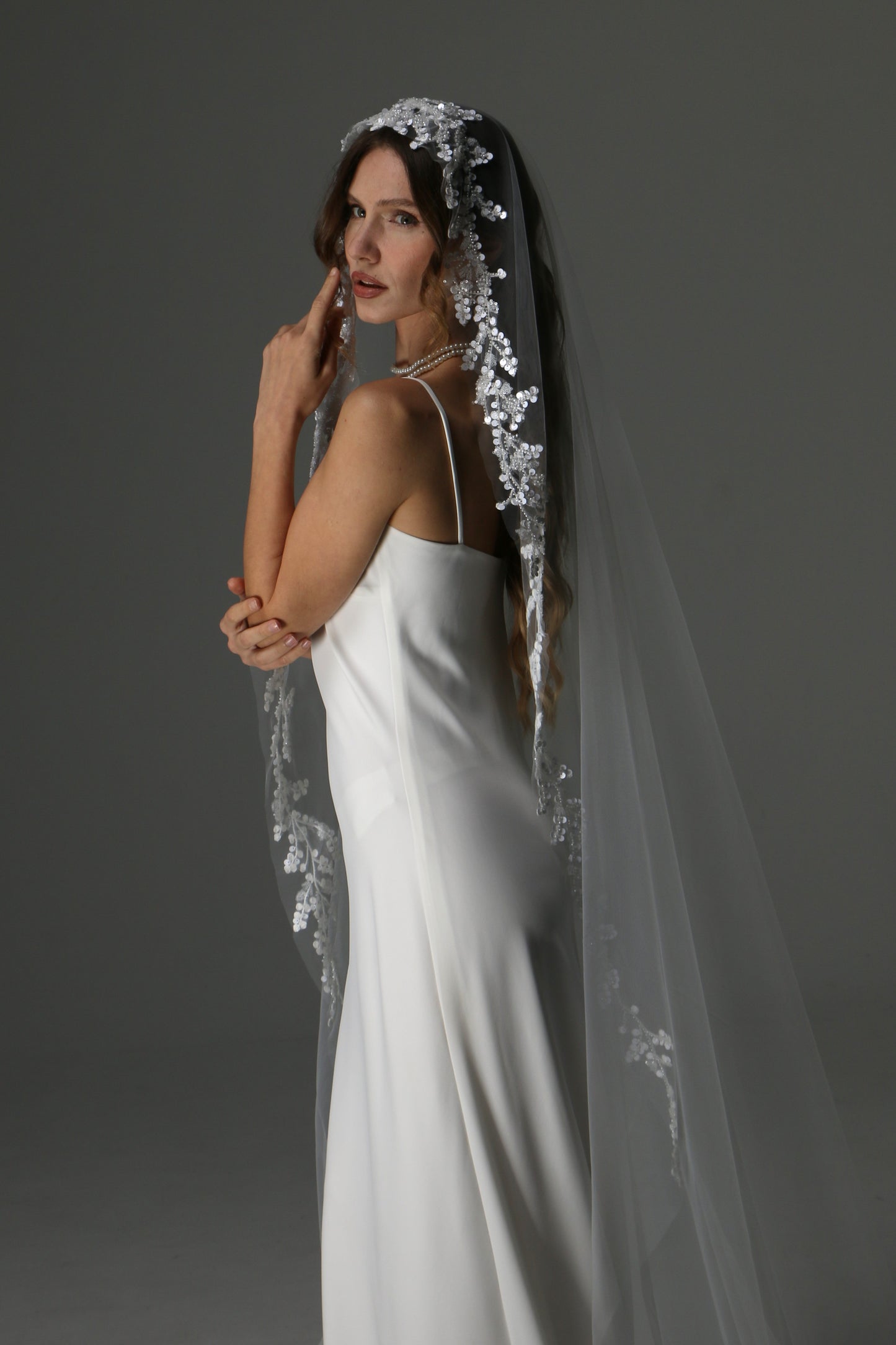 Lace Appliqué Cathedral Veil: One Tier Mantilla, Ivory Tulle - M1080
