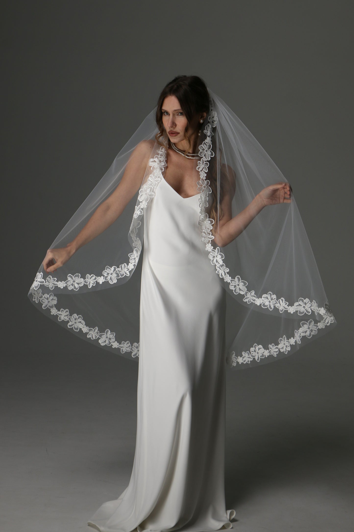 One Tier Cascade Bridal Veil with Lace Floral Appliqués | Romantic Wedding Veil - M1082