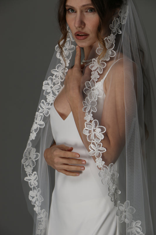 One Tier Cascade Bridal Veil with Lace Floral Appliqués | Romantic Wedding Veil - M1082