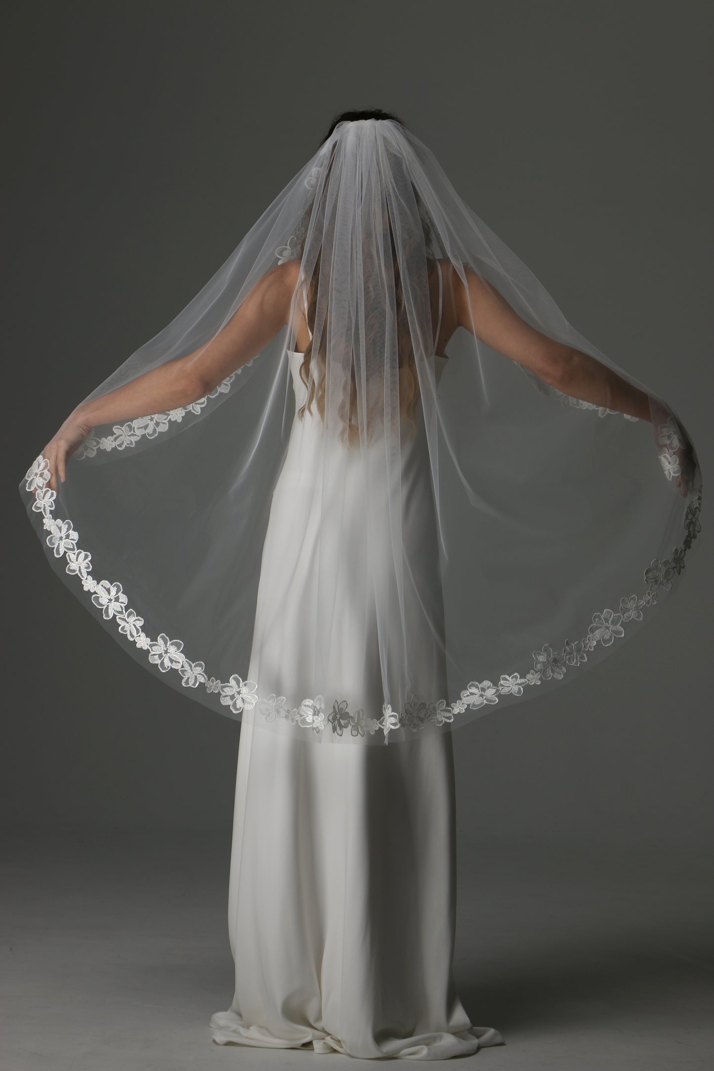 One Tier Cascade Bridal Veil with Lace Floral Appliqués | Romantic Wedding Veil - M1082