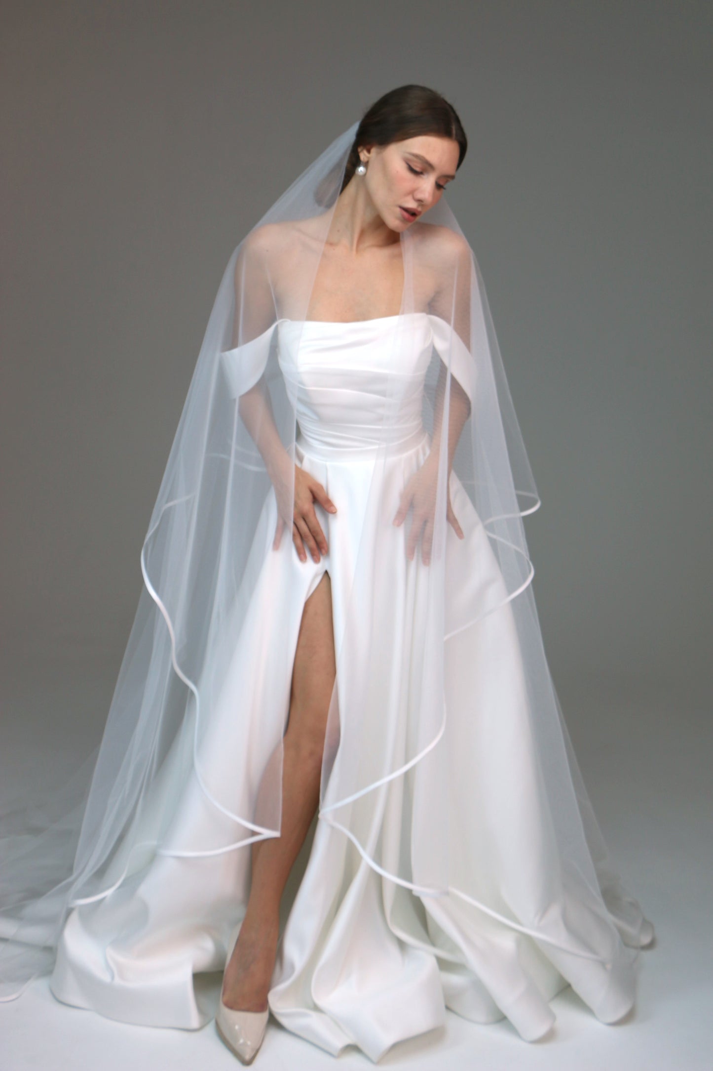 Two tier satin edge veil,Satin trim veil,Satin ribbon veil