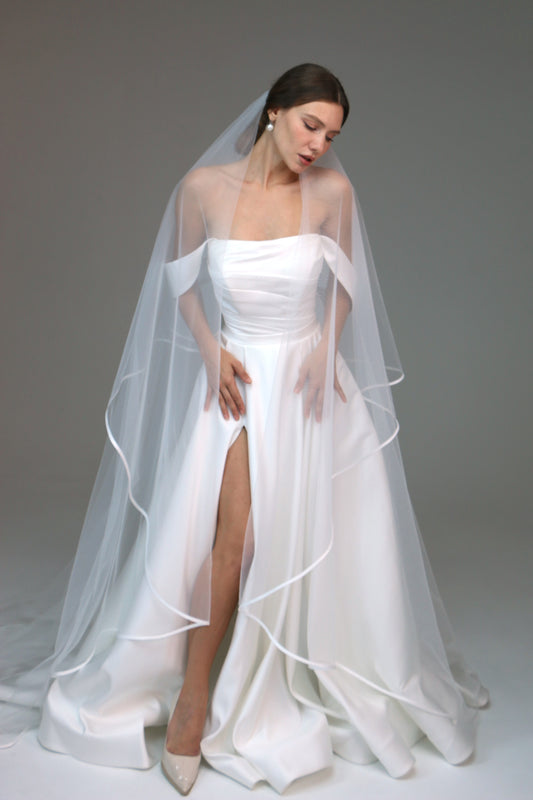 Two tier satin edge veil,Satin trim veil,Satin ribbon veil