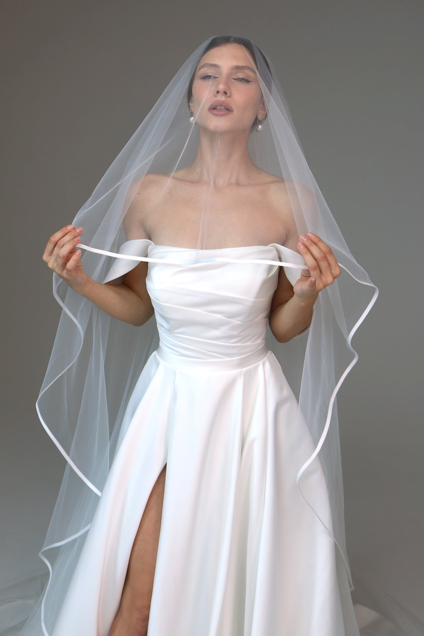 Two tier satin edge veil,Satin trim veil,Satin ribbon veil