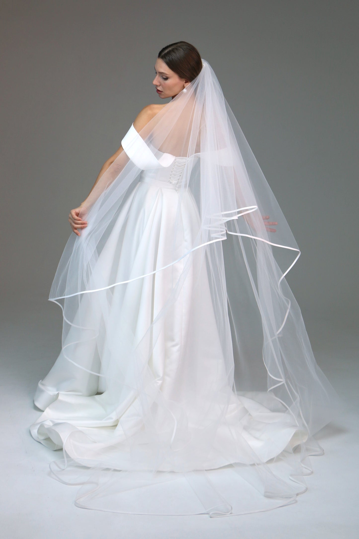 Two tier satin edge veil,Satin trim veil,Satin ribbon veil