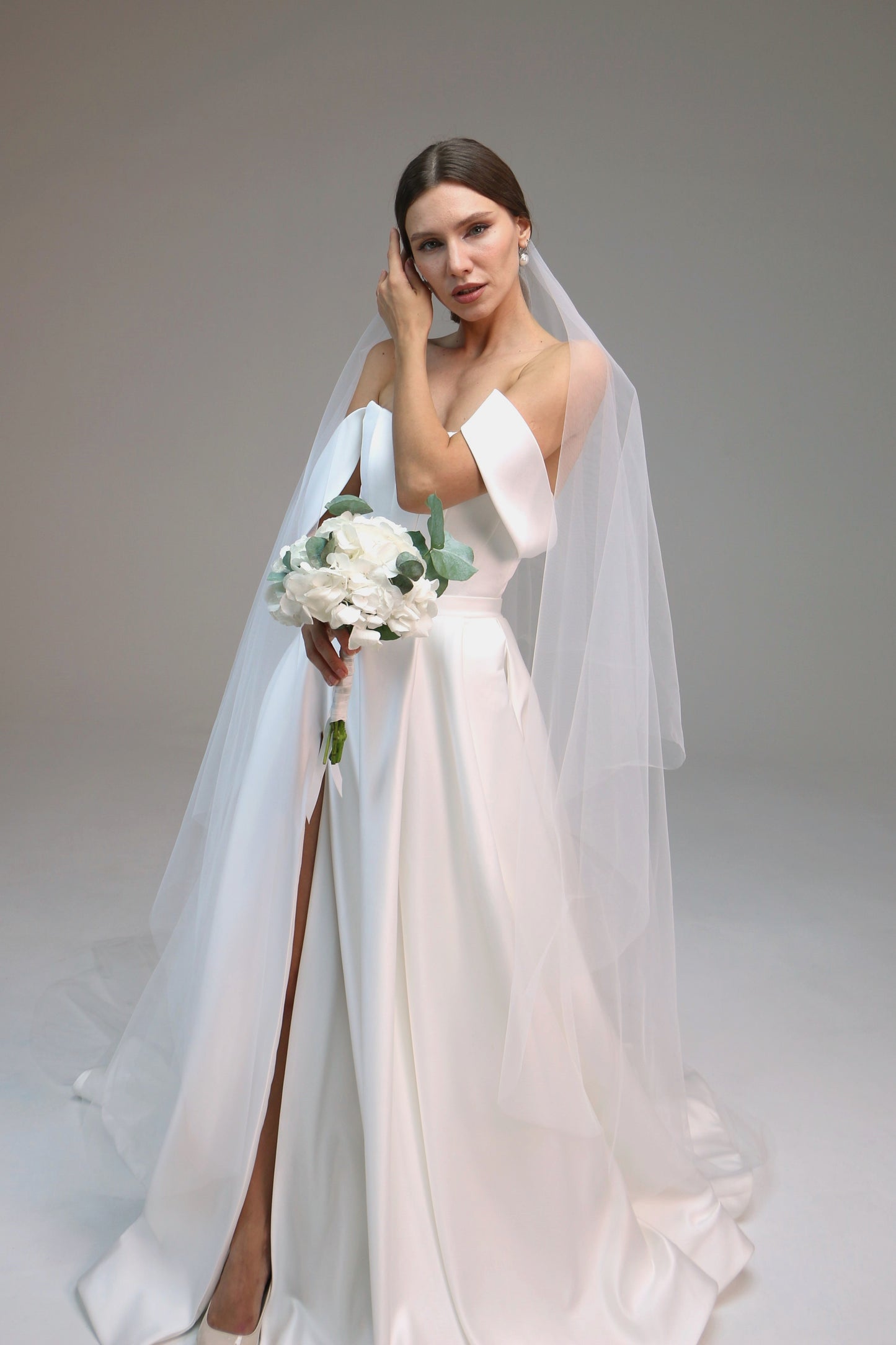 Sheer Drop Bridal Wedding Veil with Waist Length Blusher, Barely There Veil with Blusher