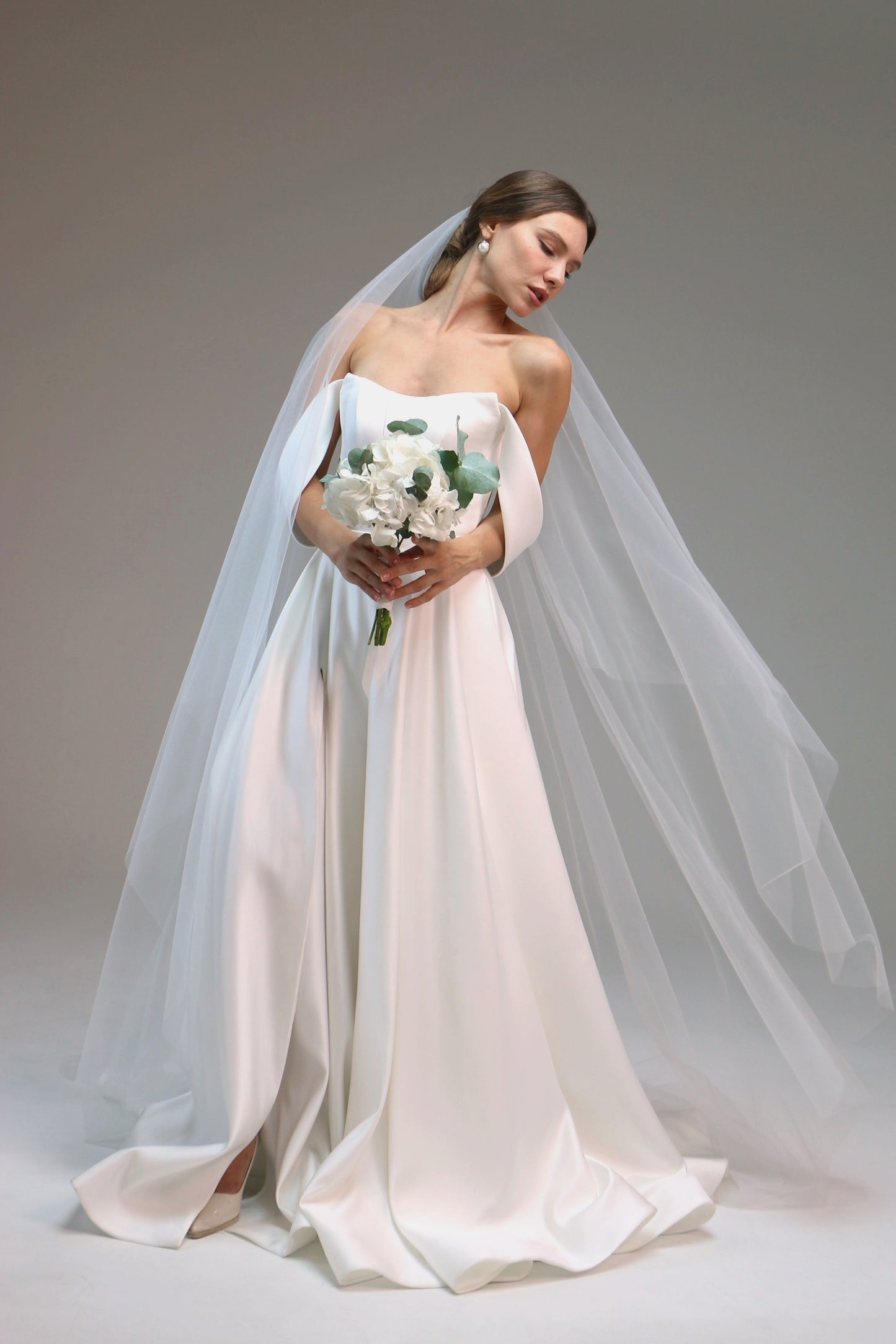 Sheer Drop Bridal Wedding Veil with Waist Length Blusher, Barely There Veil with Blusher