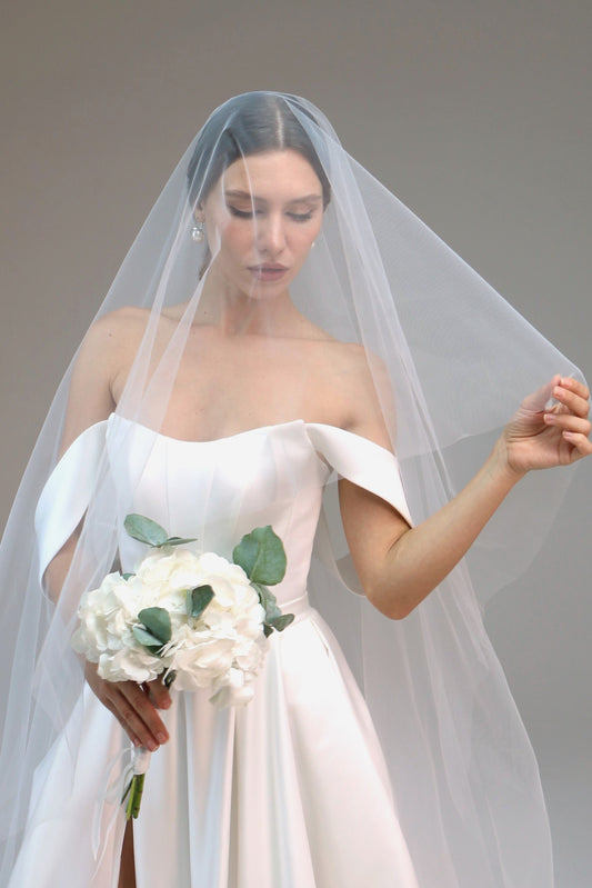 Sheer Drop Bridal Wedding Veil with Waist Length Blusher, Barely There Veil with Blusher