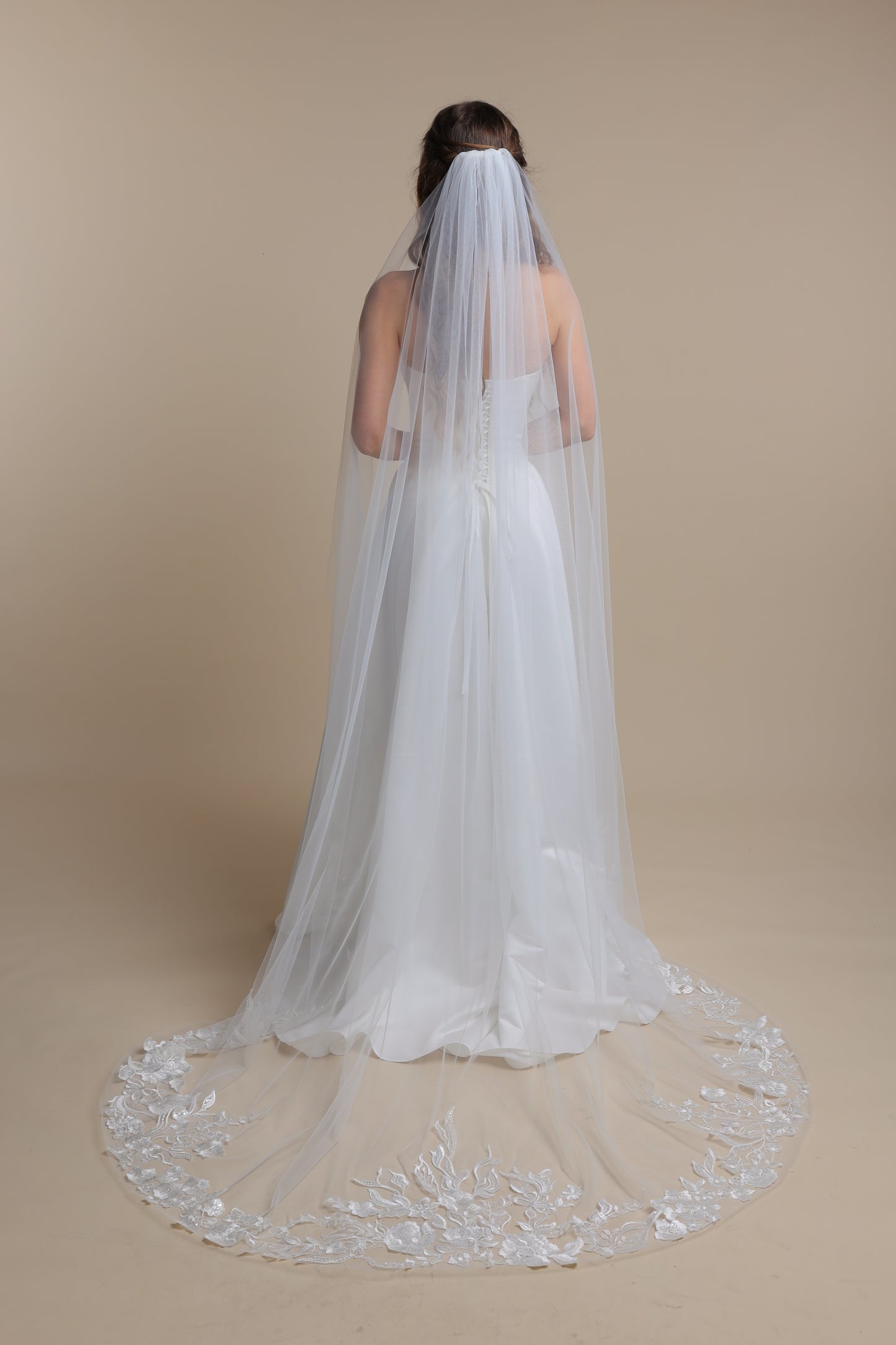 Ethereal Long Bridal Veil with Floral Lace Appliques — One Tier Cathedral Veil with Flower Train,M1091