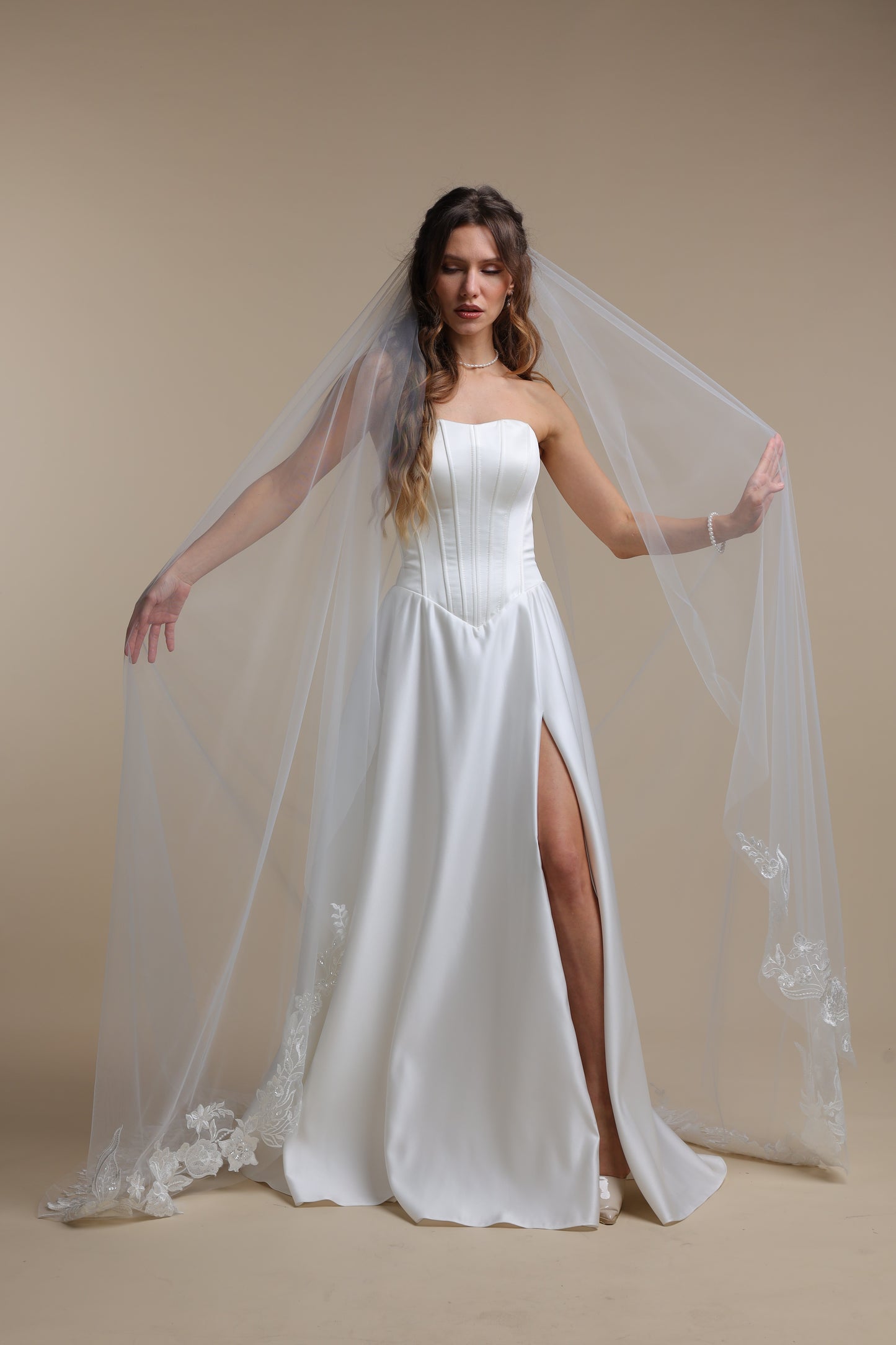 Ethereal Long Bridal Veil with Floral Lace Appliques — One Tier Cathedral Veil with Flower Train,M1091