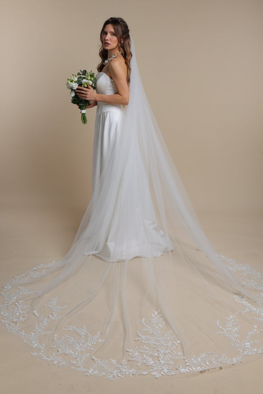 Floral Lace Long Veil — One Tier Cathedral Bridal Veil with Flower Appliques,M1092