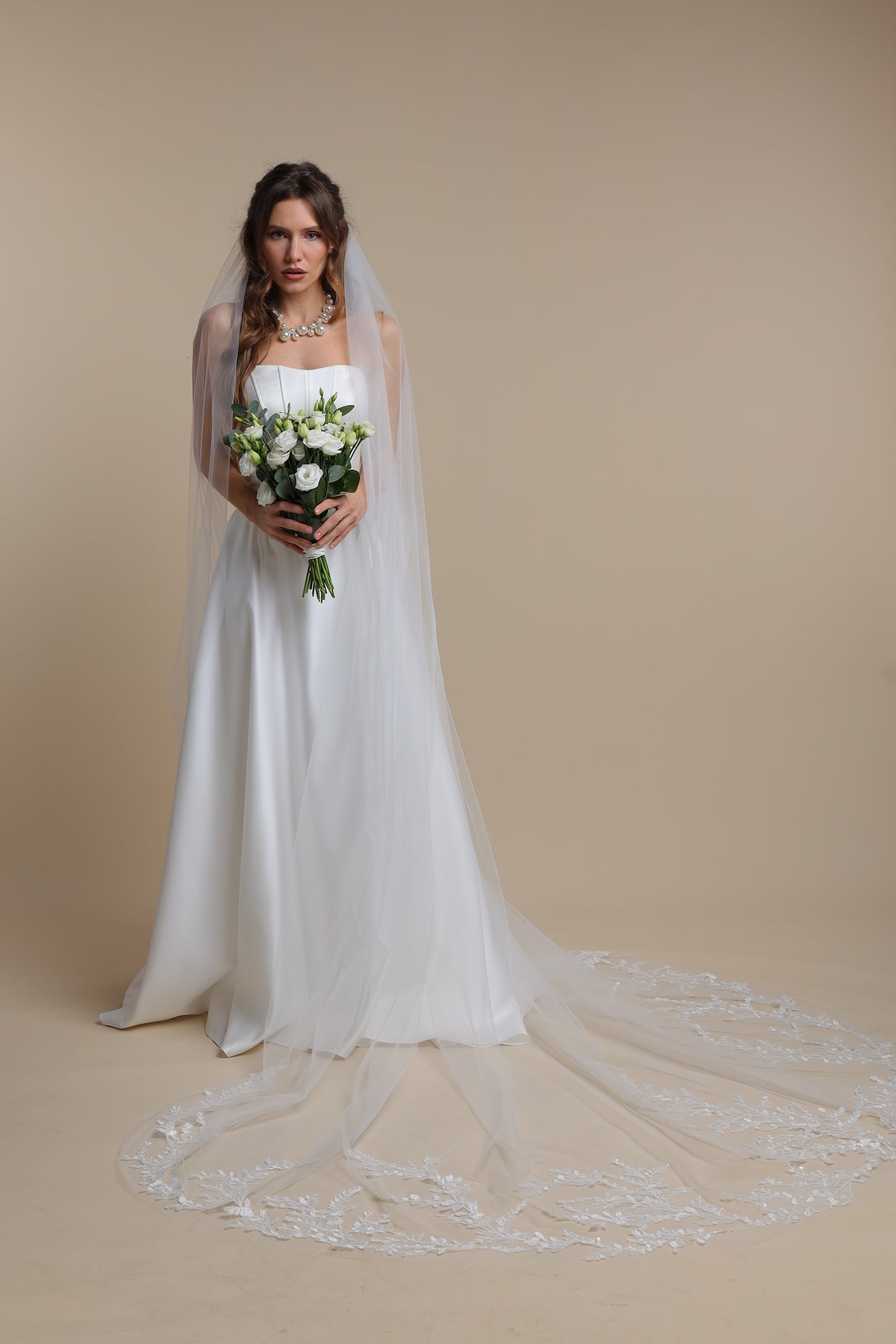 Floral Lace Long Veil — One Tier Cathedral Bridal Veil with Flower Appliques,M1092