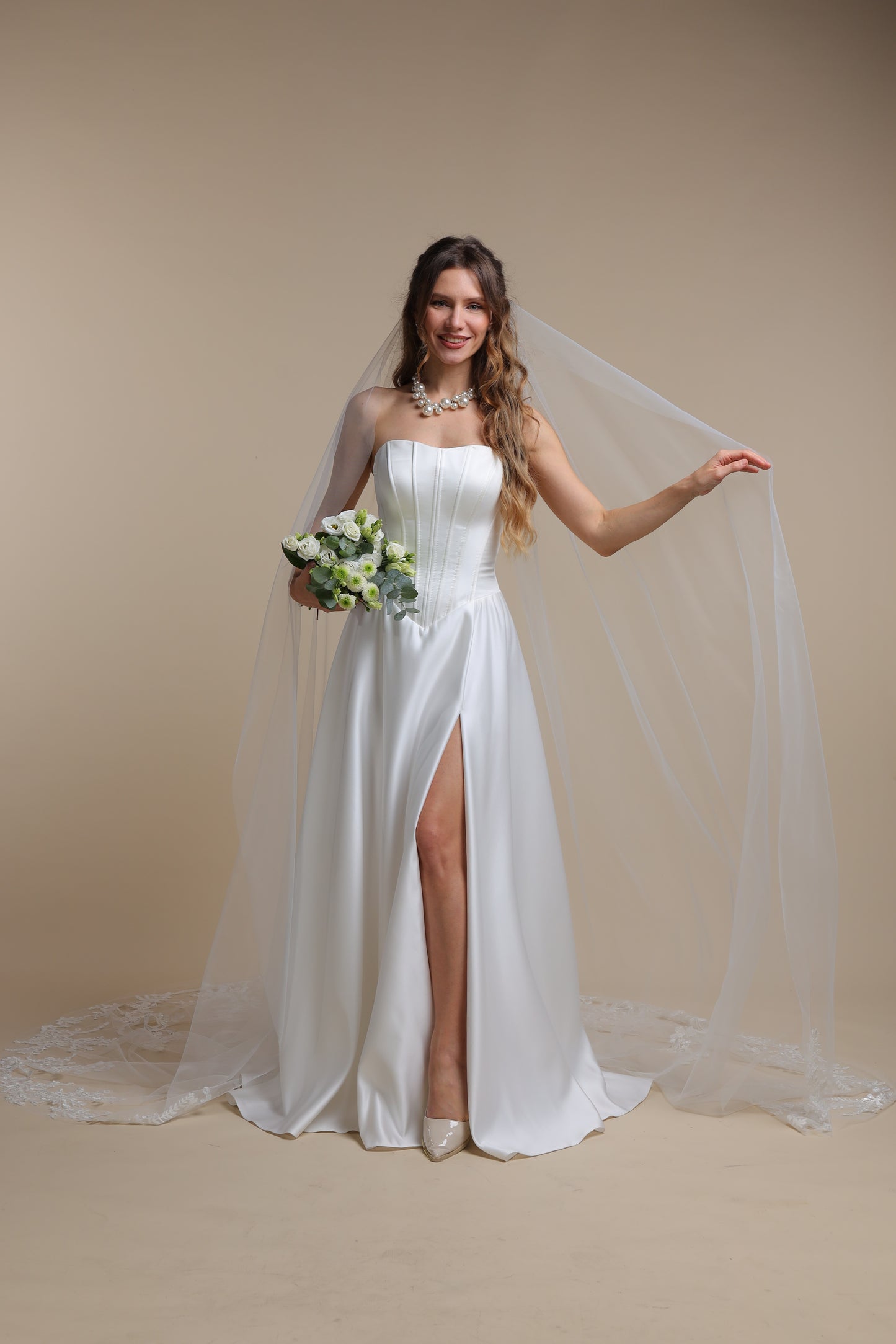 Floral Lace Long Veil — One Tier Cathedral Bridal Veil with Flower Appliques,M1092