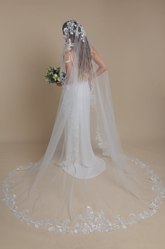 Ethereal Mantilla Wedding Veil with Lace Scalloped Edge — One Tier Long Bridal Veil, Cathedral Length,M1095