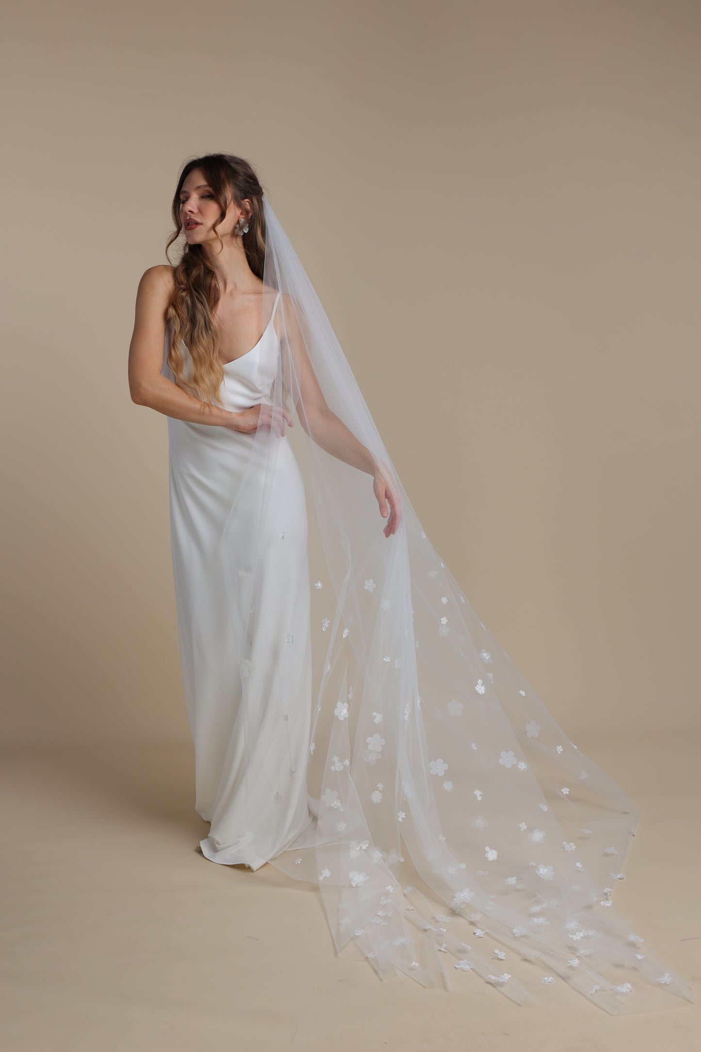 Long One Tier Bridal Veil with 3D Flowers on Train | Cathedral Veil with Floral Appliques | Romantic Wedding Veil,M1097