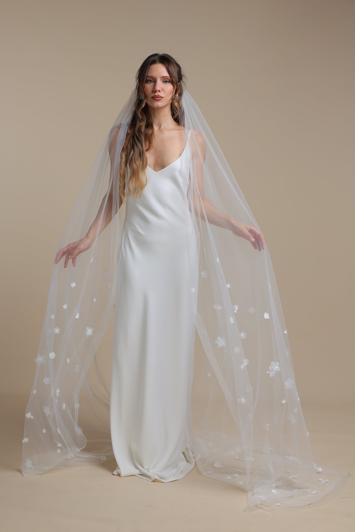 Long One Tier Bridal Veil with 3D Flowers on Train | Cathedral Veil with Floral Appliques | Romantic Wedding Veil,M1097