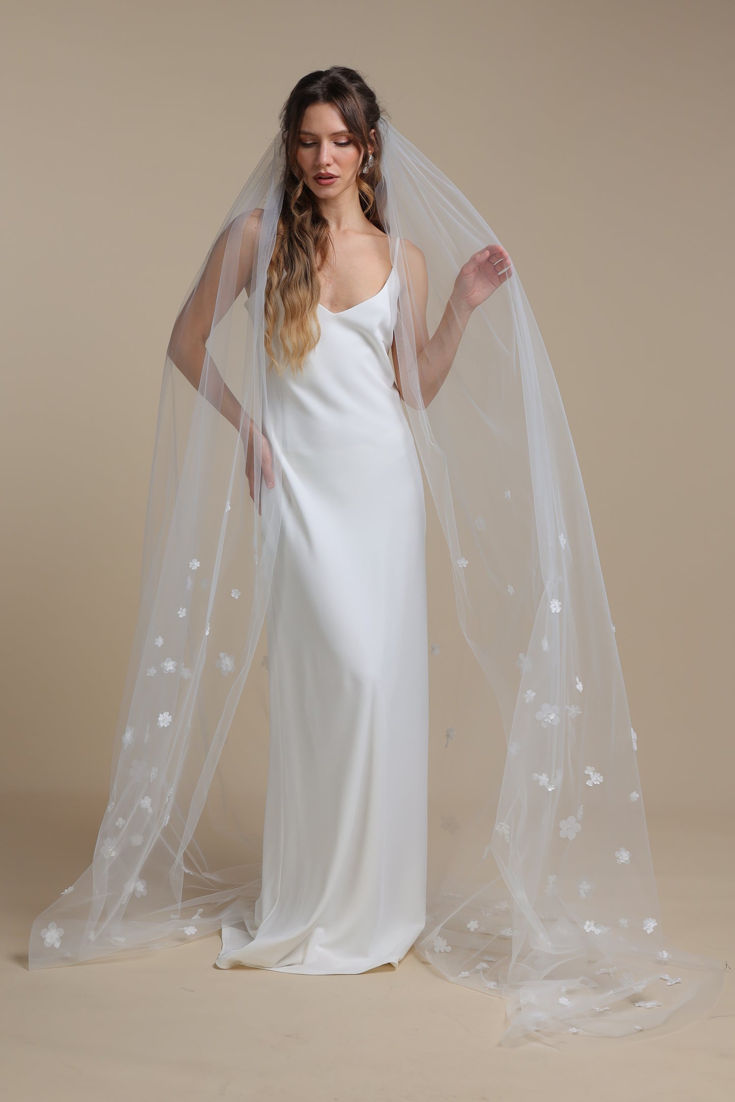 Long One Tier Bridal Veil with 3D Flowers on Train | Cathedral Veil with Floral Appliques | Romantic Wedding Veil,M1097