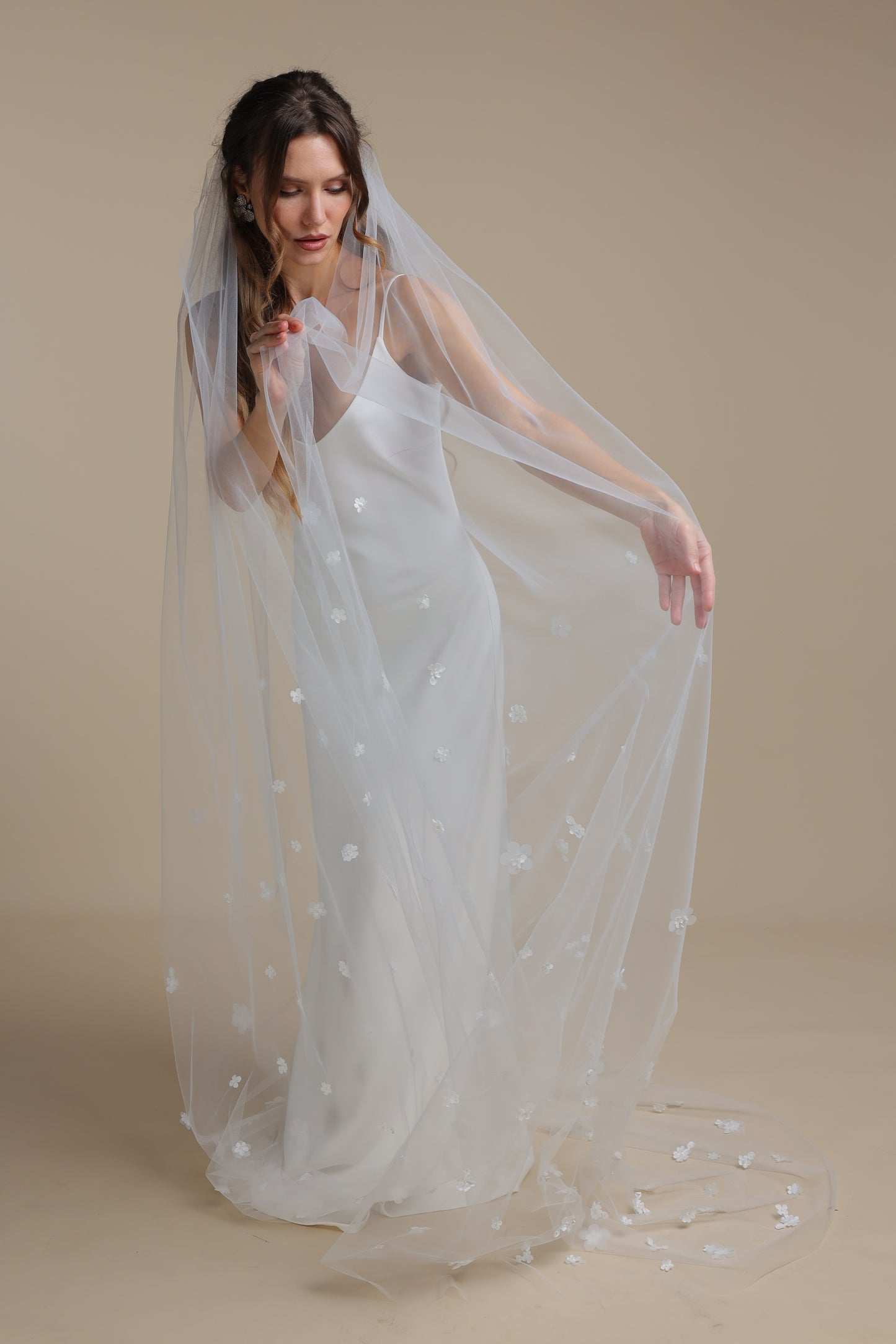 Long One Tier Bridal Veil with 3D Flowers on Train | Cathedral Veil with Floral Appliques | Romantic Wedding Veil,M1097