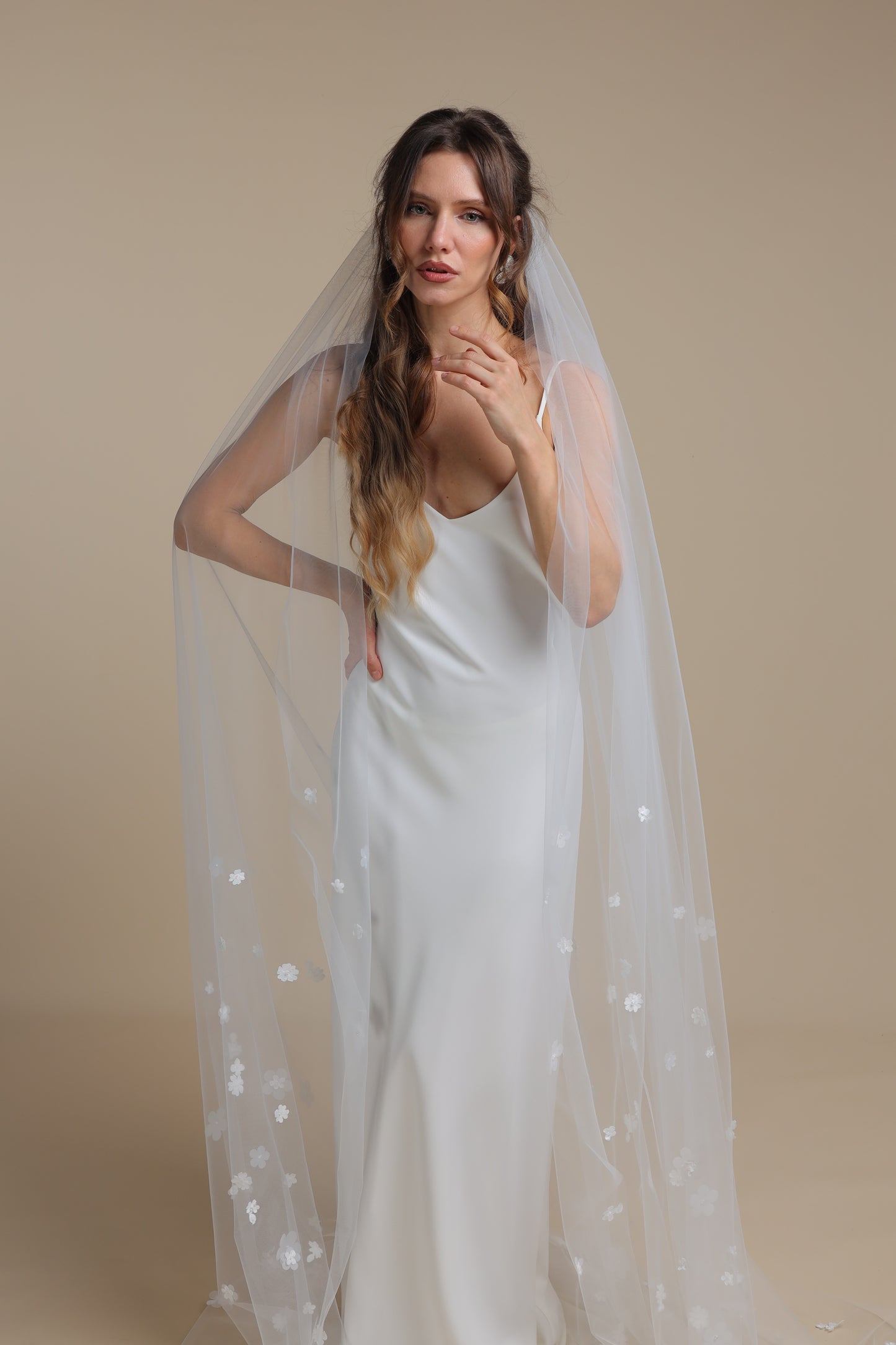 Long One Tier Bridal Veil with 3D Flowers on Train | Cathedral Veil with Floral Appliques | Romantic Wedding Veil,M1097