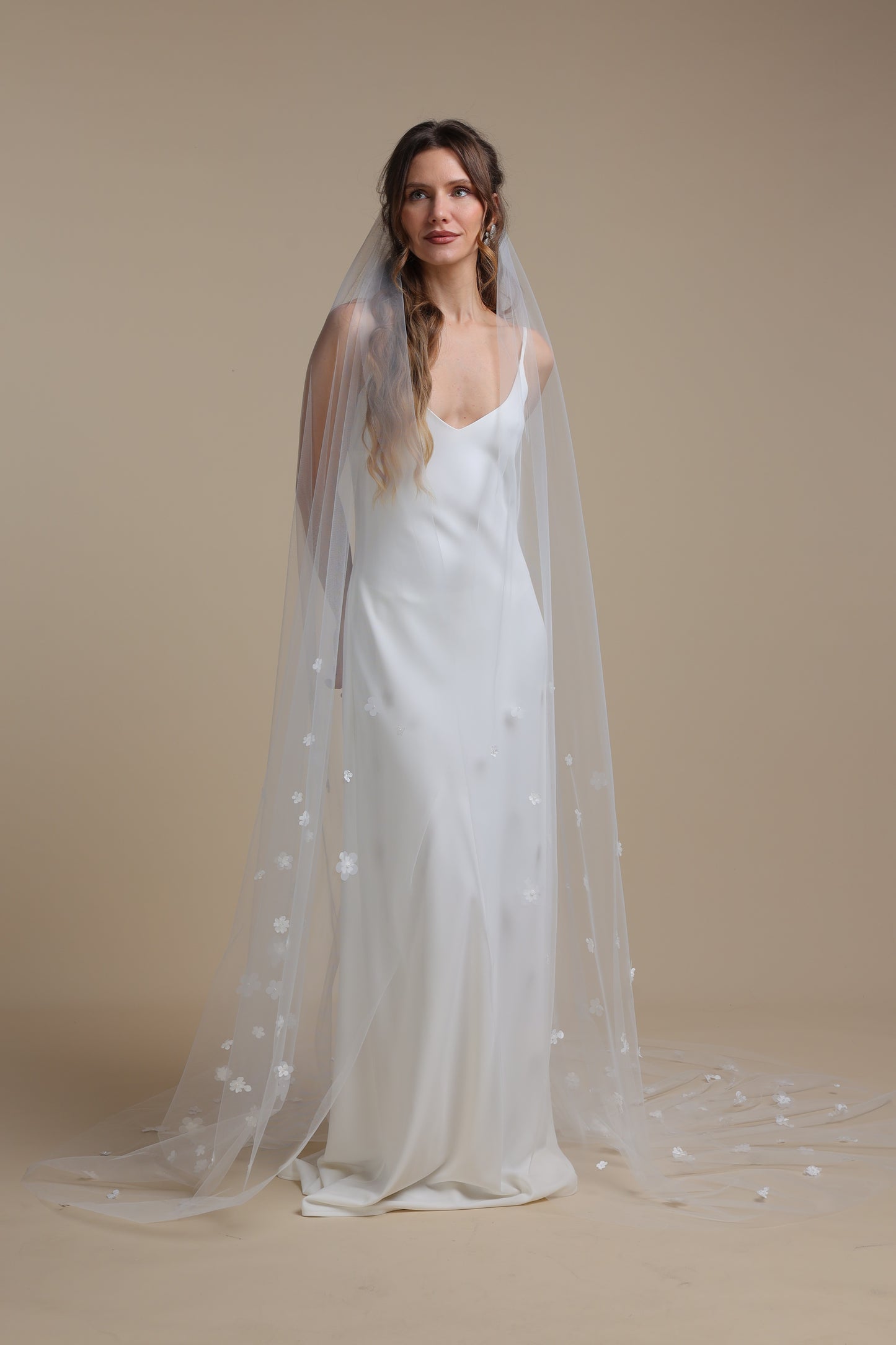 Long One Tier Bridal Veil with 3D Flowers on Train | Cathedral Veil with Floral Appliques | Romantic Wedding Veil,M1097