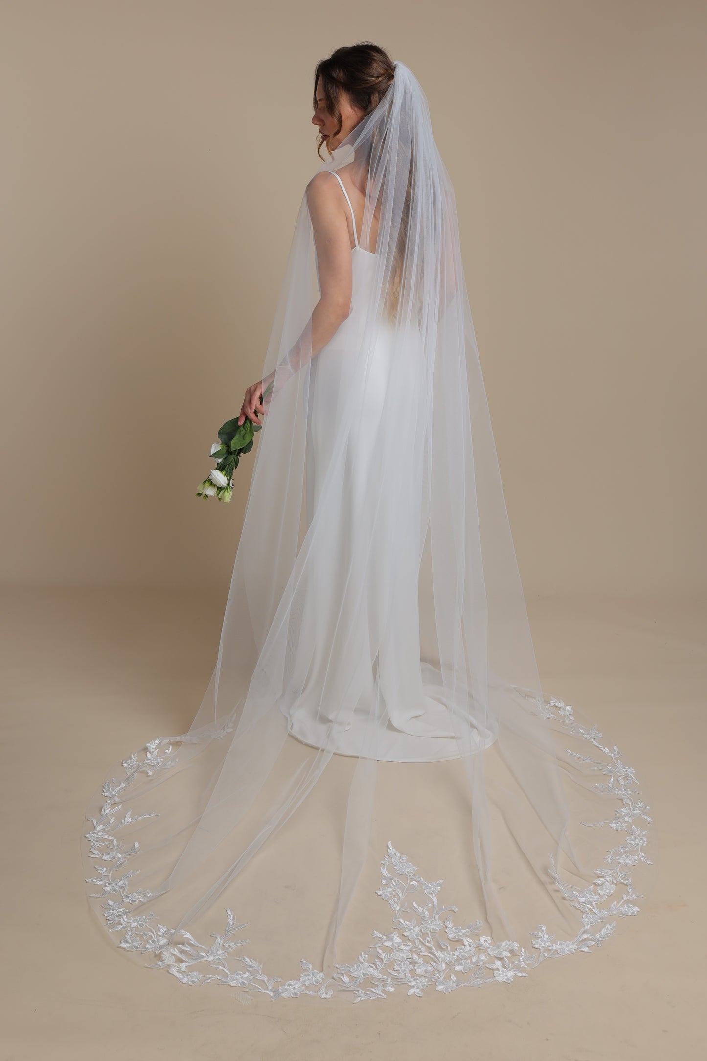 Long One Tier Bridal Veil with Floral Appliques on Train | Cathedral Length Wedding Veil | Elegant Lace Veil,M1099