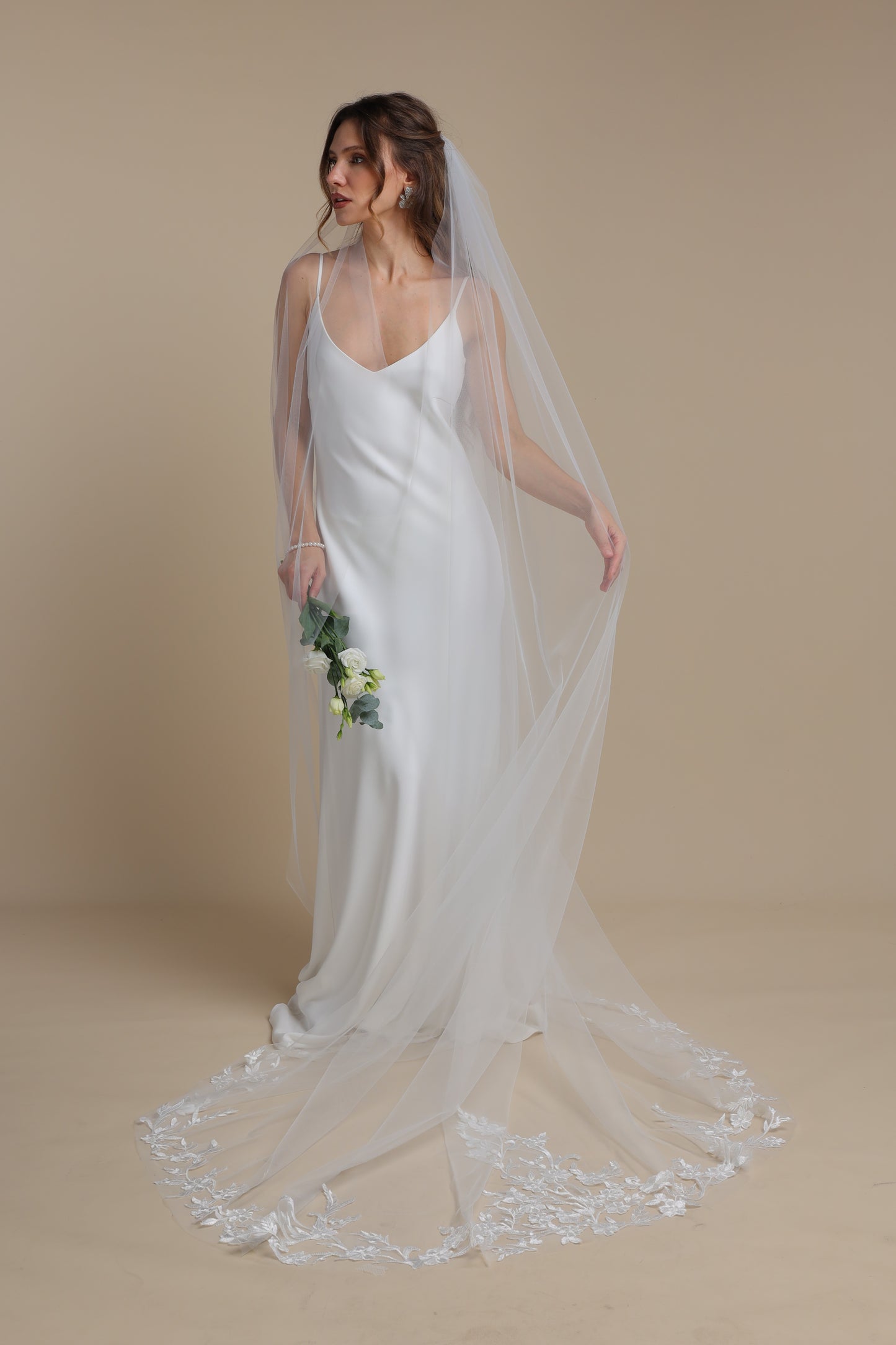 Long One Tier Bridal Veil with Floral Appliques on Train | Cathedral Length Wedding Veil | Elegant Lace Veil,M1099