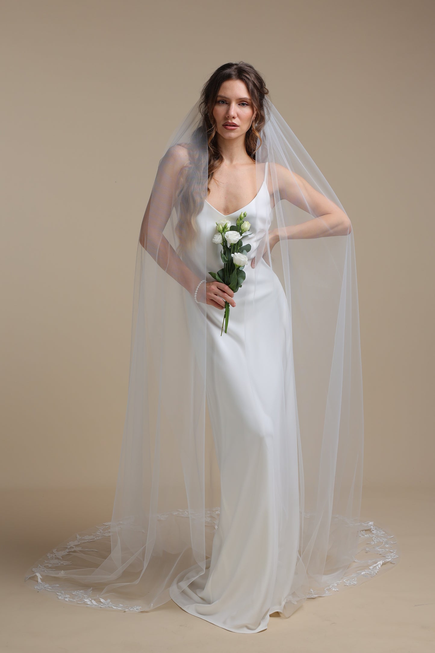 Long One Tier Bridal Veil with Floral Appliques on Train | Cathedral Length Wedding Veil | Elegant Lace Veil,M1099